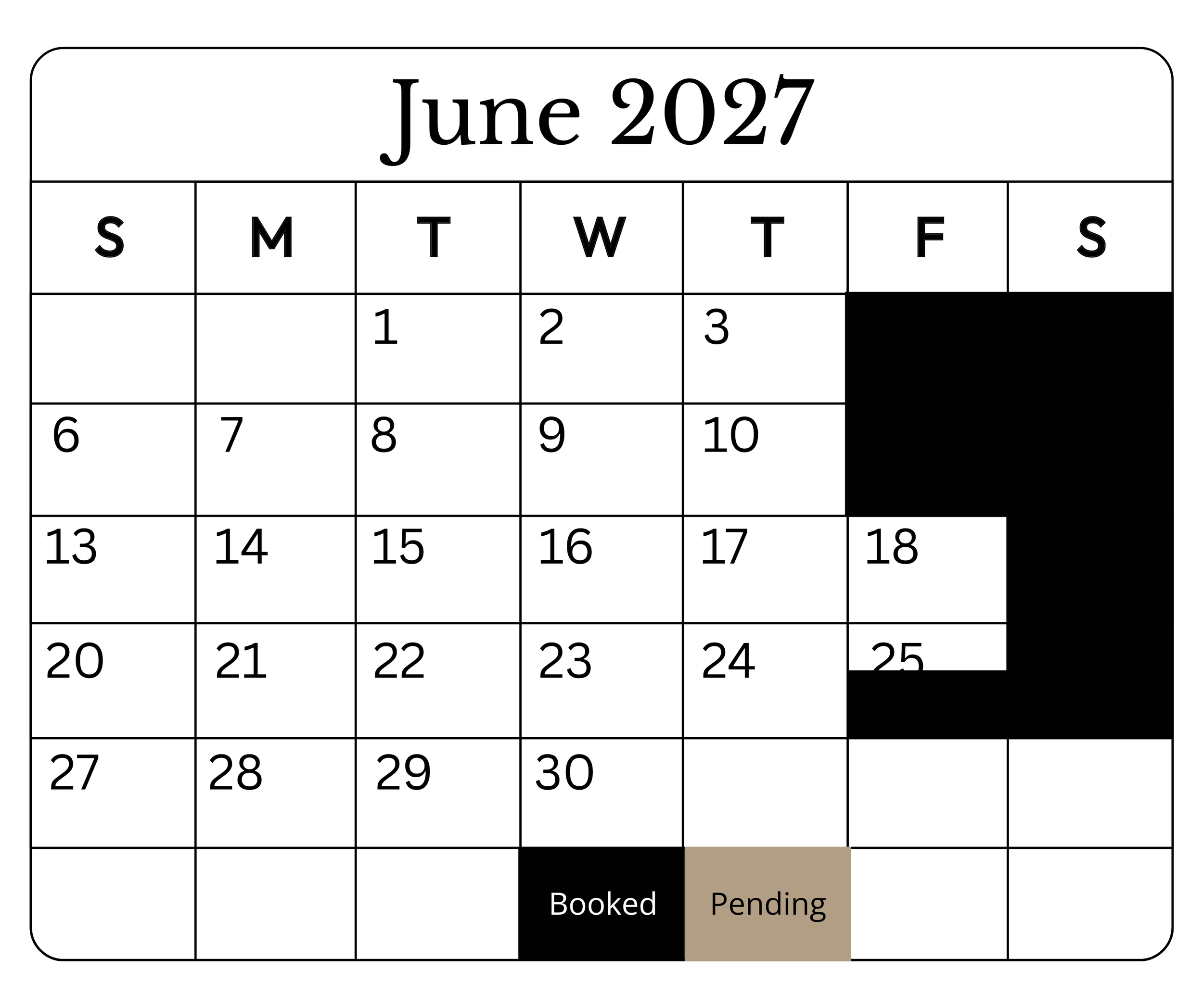A June 2027 calendar with black and brown markings on specific dates indicating bookings and pending statuses.
