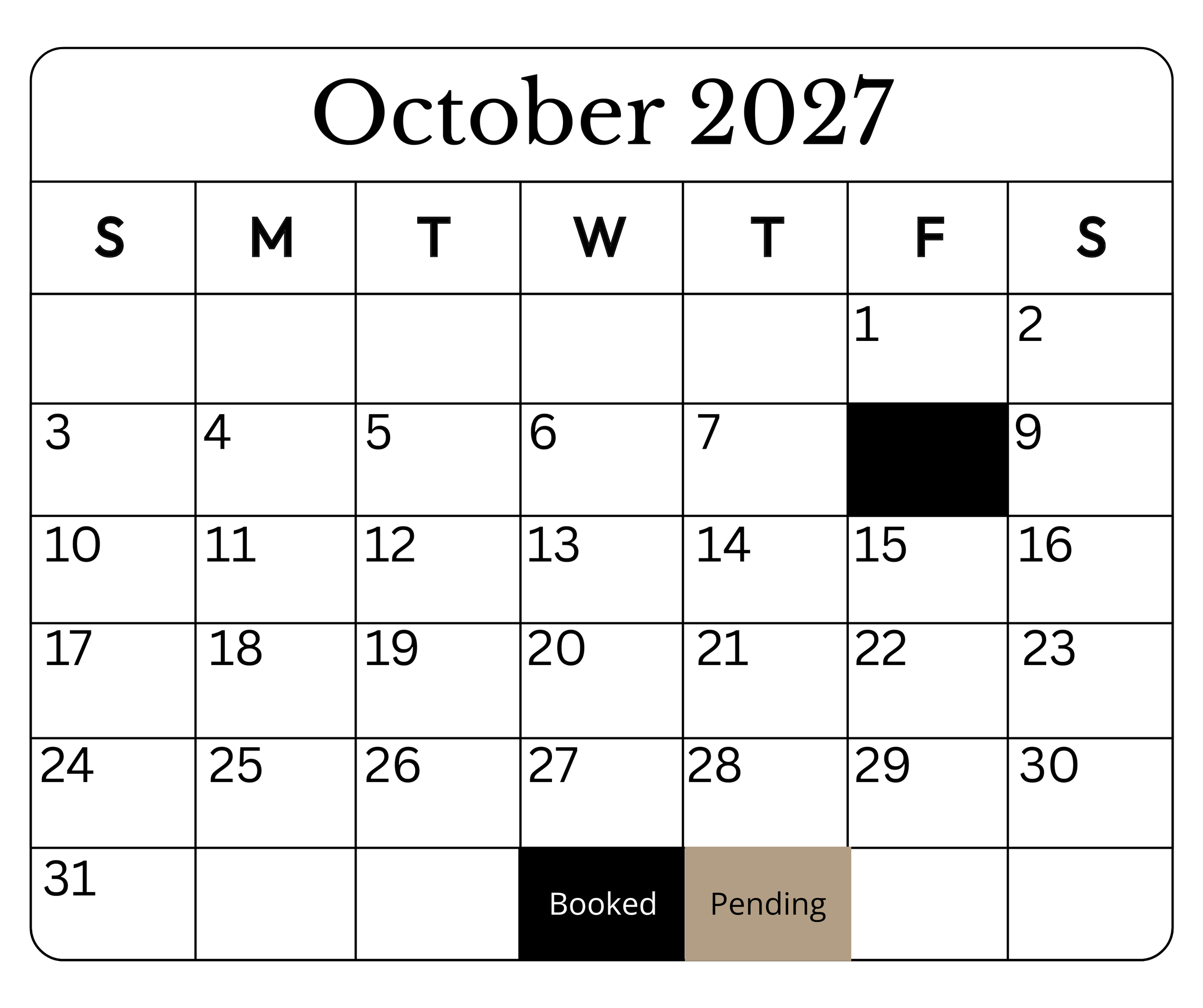 October 2027 calendar showing a booked event on October 28 marked in black and a pending event on October 30 marked in beige.