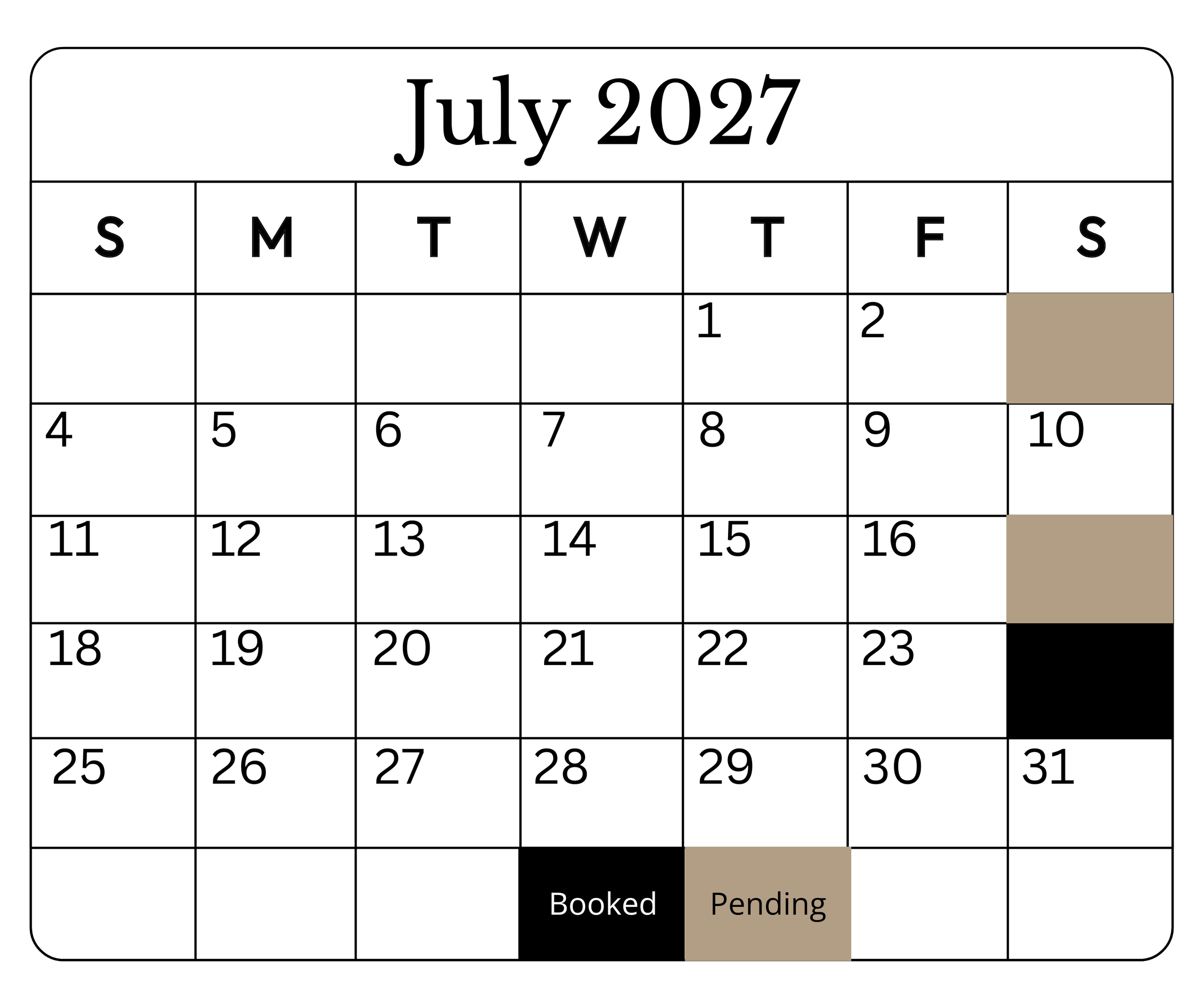 July 2027 calendar showing some booking and pending dates in July.