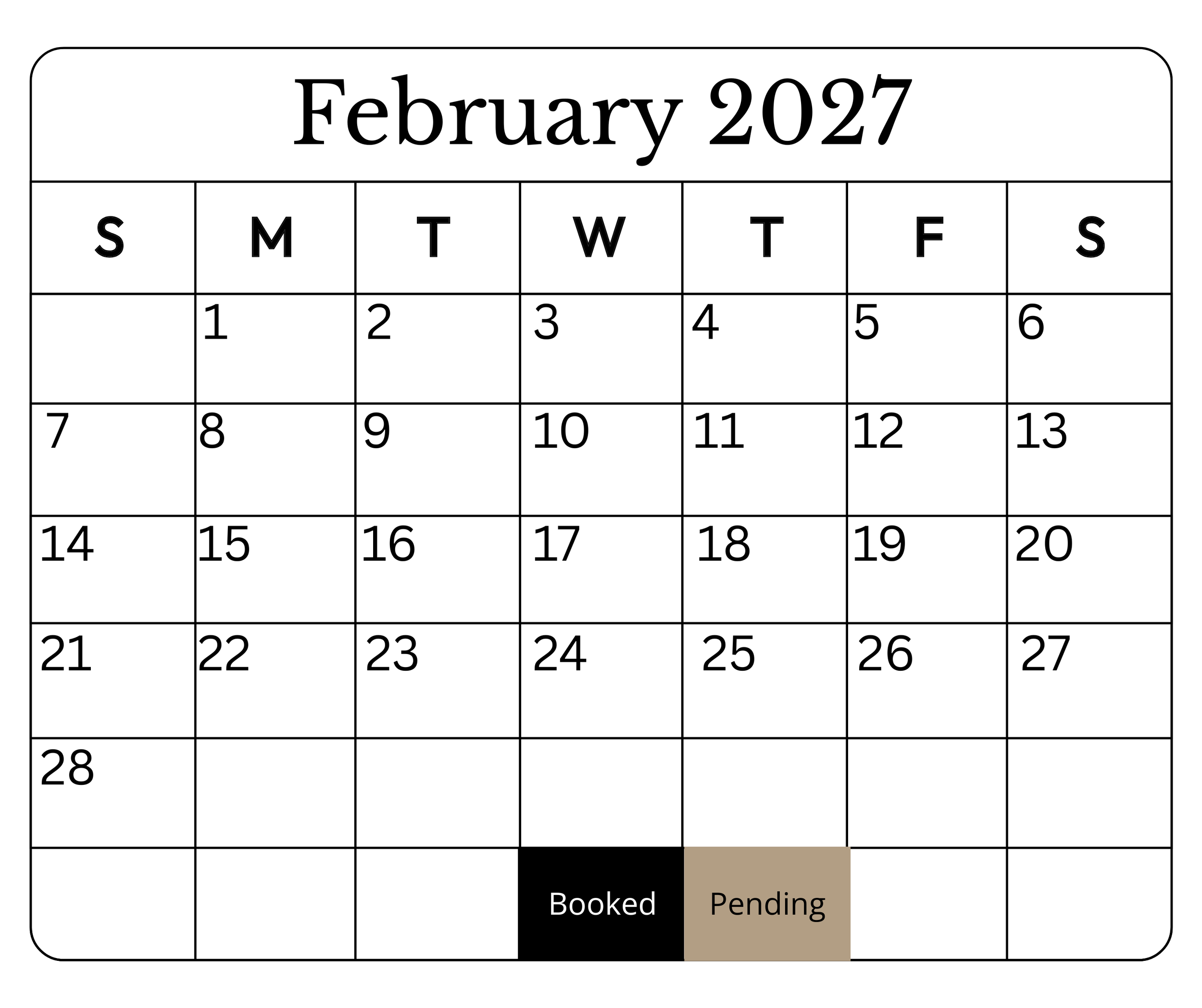 February 2027 calendar with booked and pending dates.