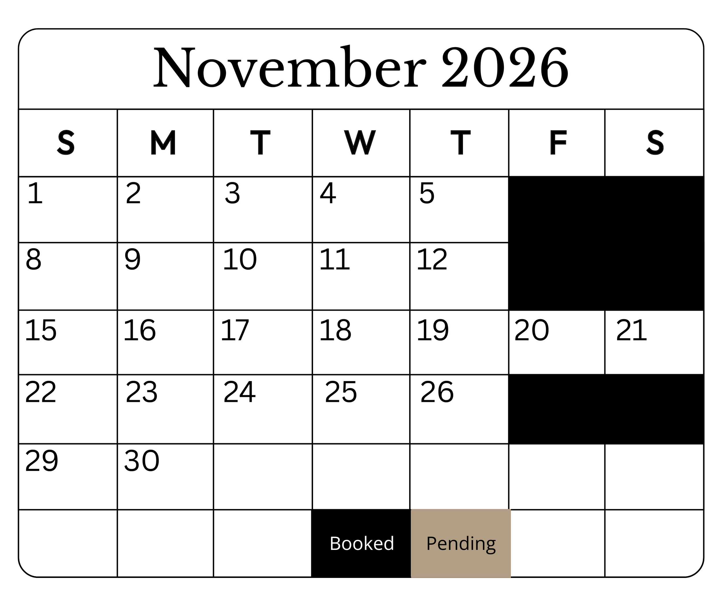 Calendar for November 2026 showing booked, pending, and available dates with black and beige markings.