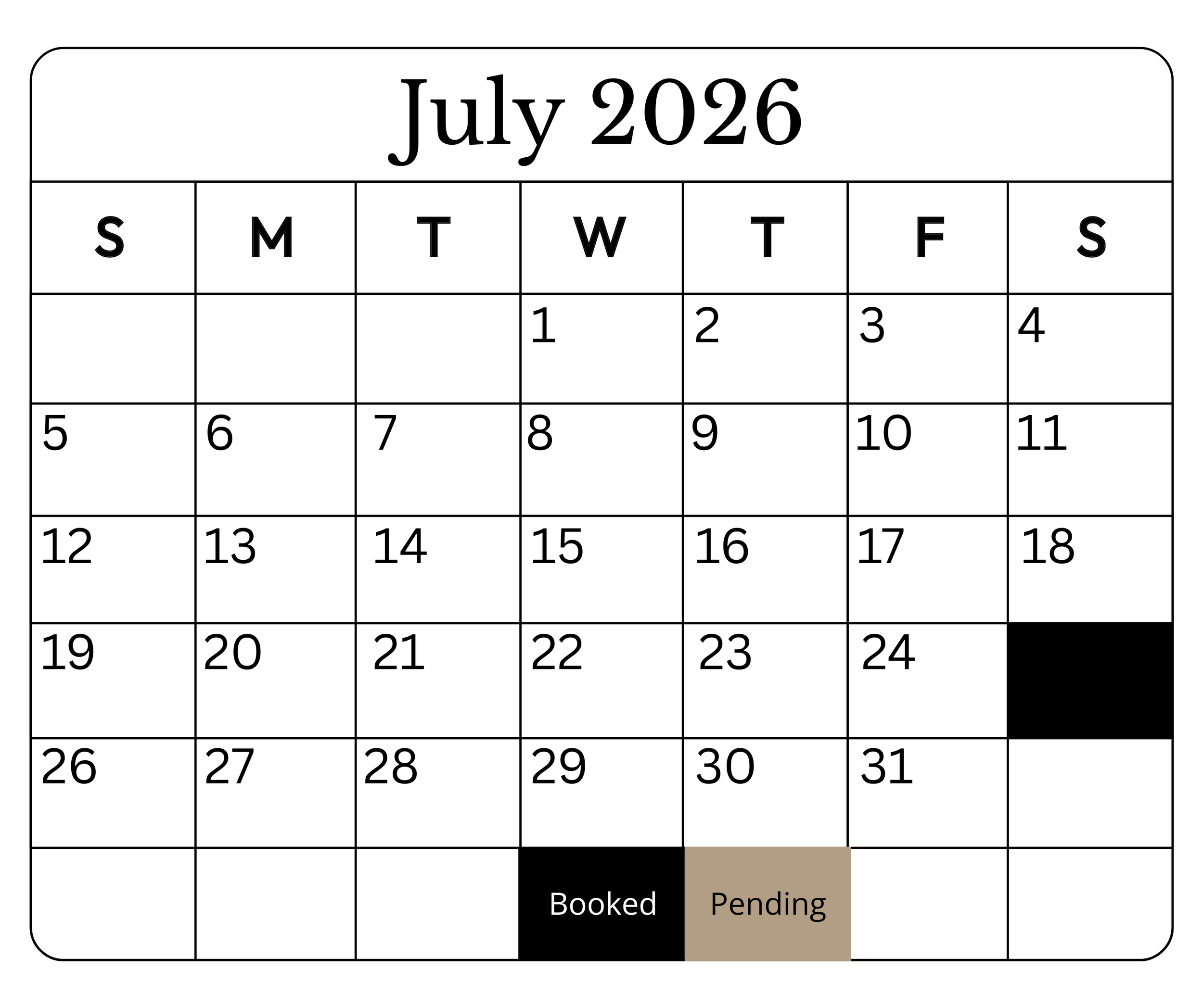 July 2026 calendar with black marked dates on July 24 and 30, and a beige marked date on July 30 labeled "Pending." The calendar is in a table format with days of the week from Sunday to Saturday in the first row.