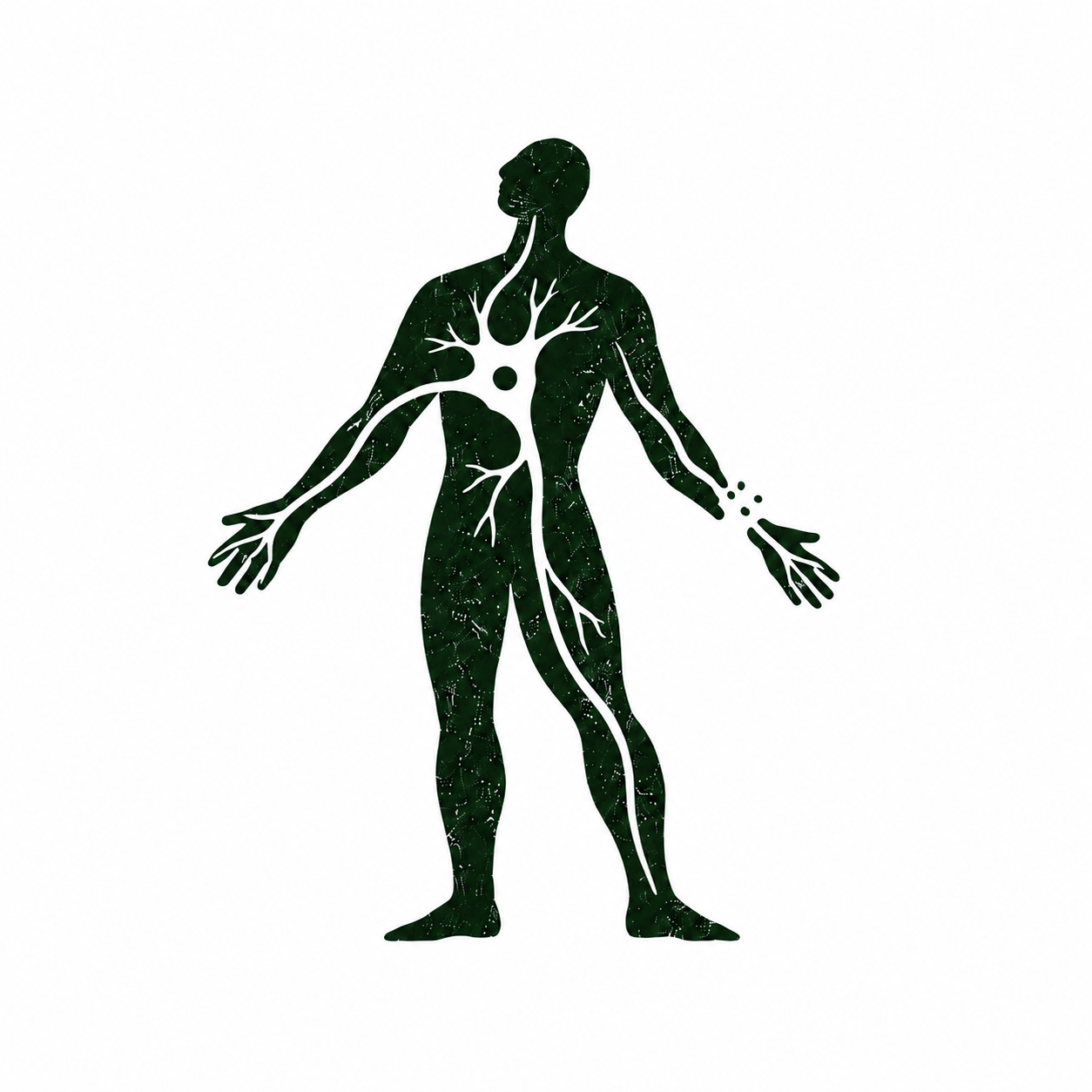 Print silhouette of man with arms open and motor neuron centred at heart