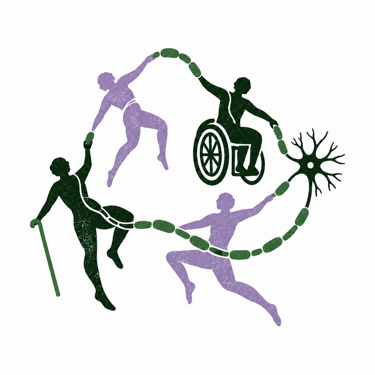 Four figures dancing in a circle similar to painting by Matisse. One figure in wheelchair and one with a cane. They are connected by a neuronal pat