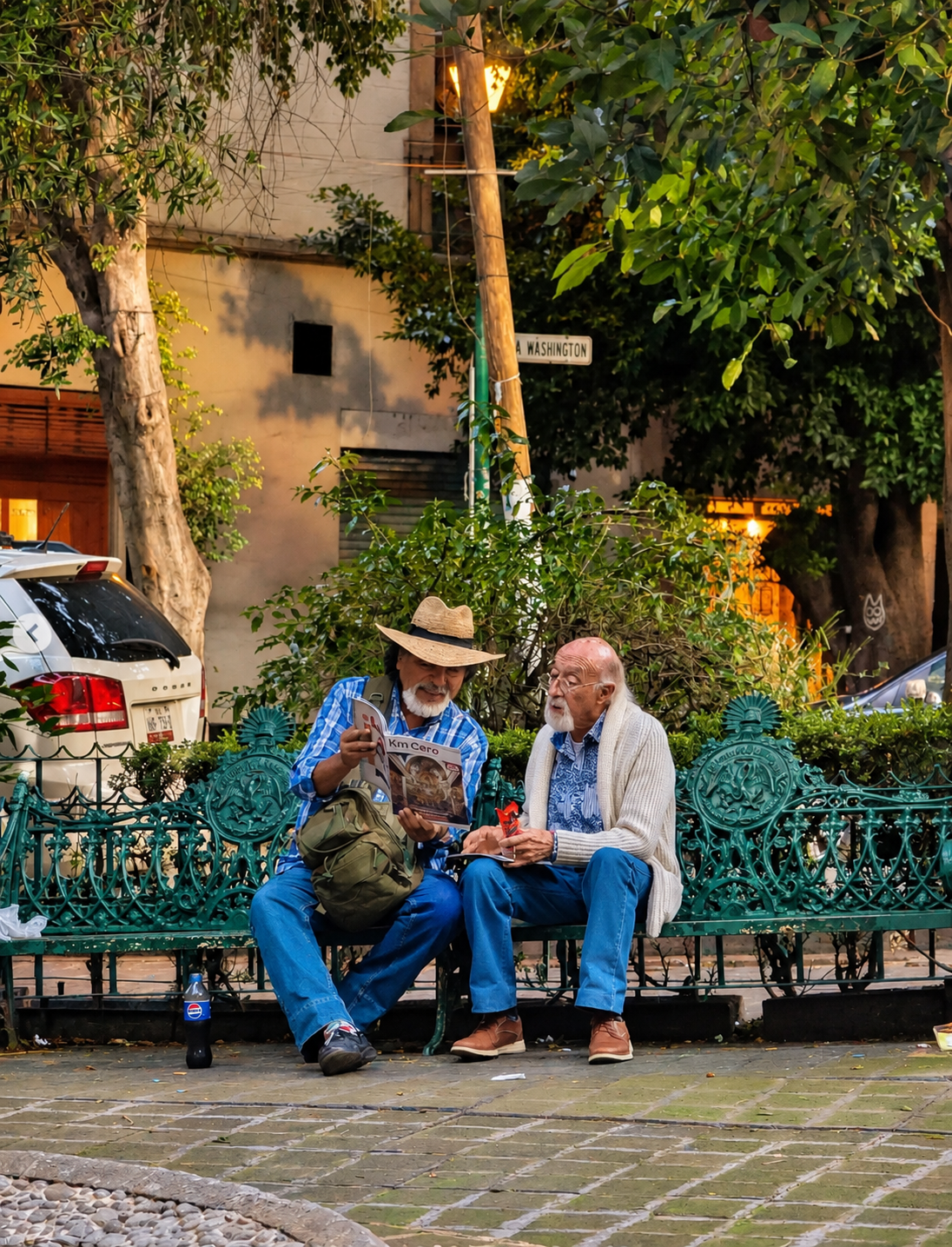Two elders talking on a green wrought-iron bench in a tree-lined city plaza. Photography by Luis D. González del Toro (@luichit0)