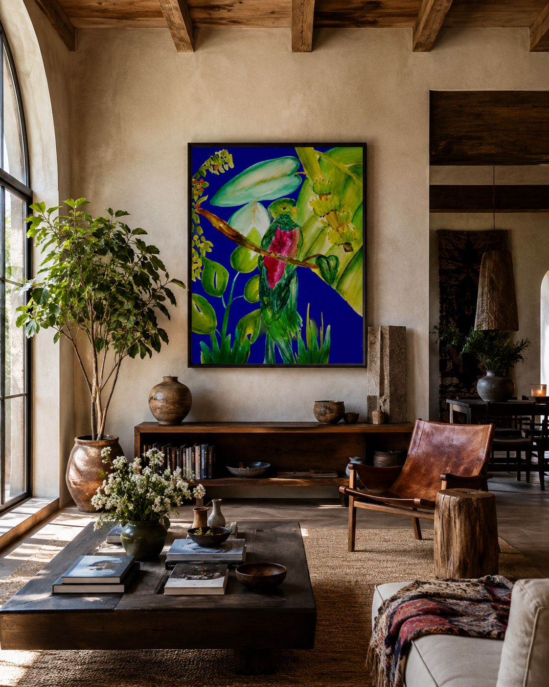 Indigo Quetzal Print in Wooden Frame
