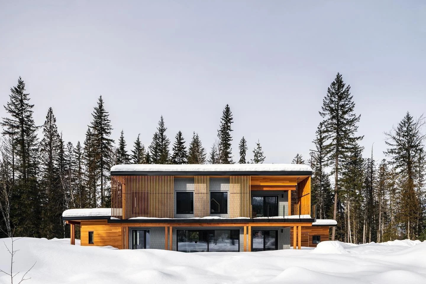 Modern wood-clad home surrounded by snow and trees, showcasing custom carpentry and architectural design in a serene winter landscape