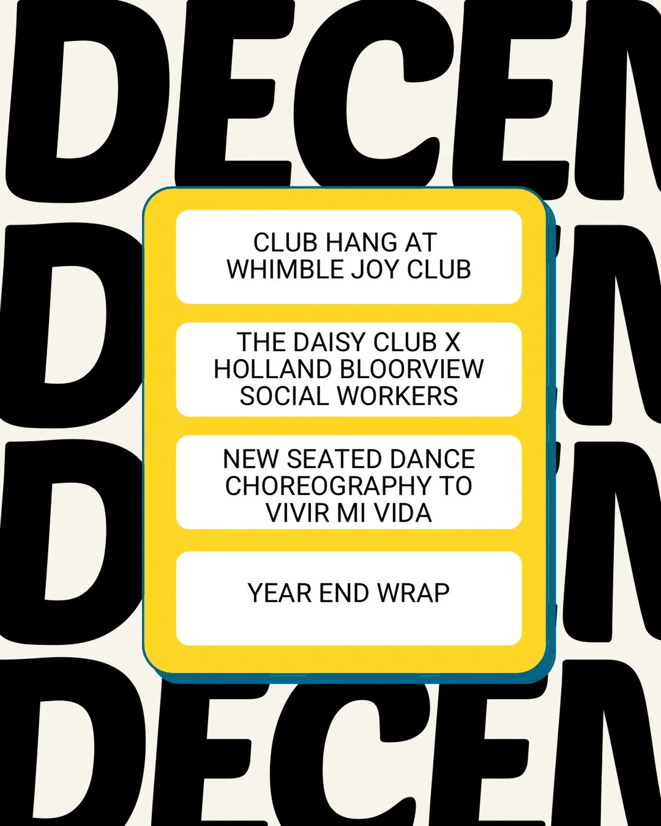 We are here! End of 2025!

&bull; We started off hot by joining @whimble_care Joy Club- an accessibility first open mic. Best believe we show cased our seated dance choreography! Welcome to Toronto @whimble_care. Our newest Daisy joined us for the ev
