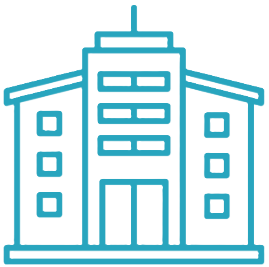 Outline of a modern multi-story building with a central entrance and symmetrical wings on either side.