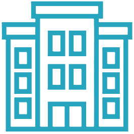 Outline of a multi-story building with windows and a central entrance.