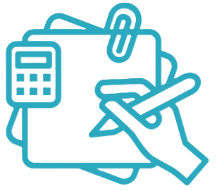 Line drawing of a person's hand writing on a notepad with a pen, with a calculator and paperclips nearby.