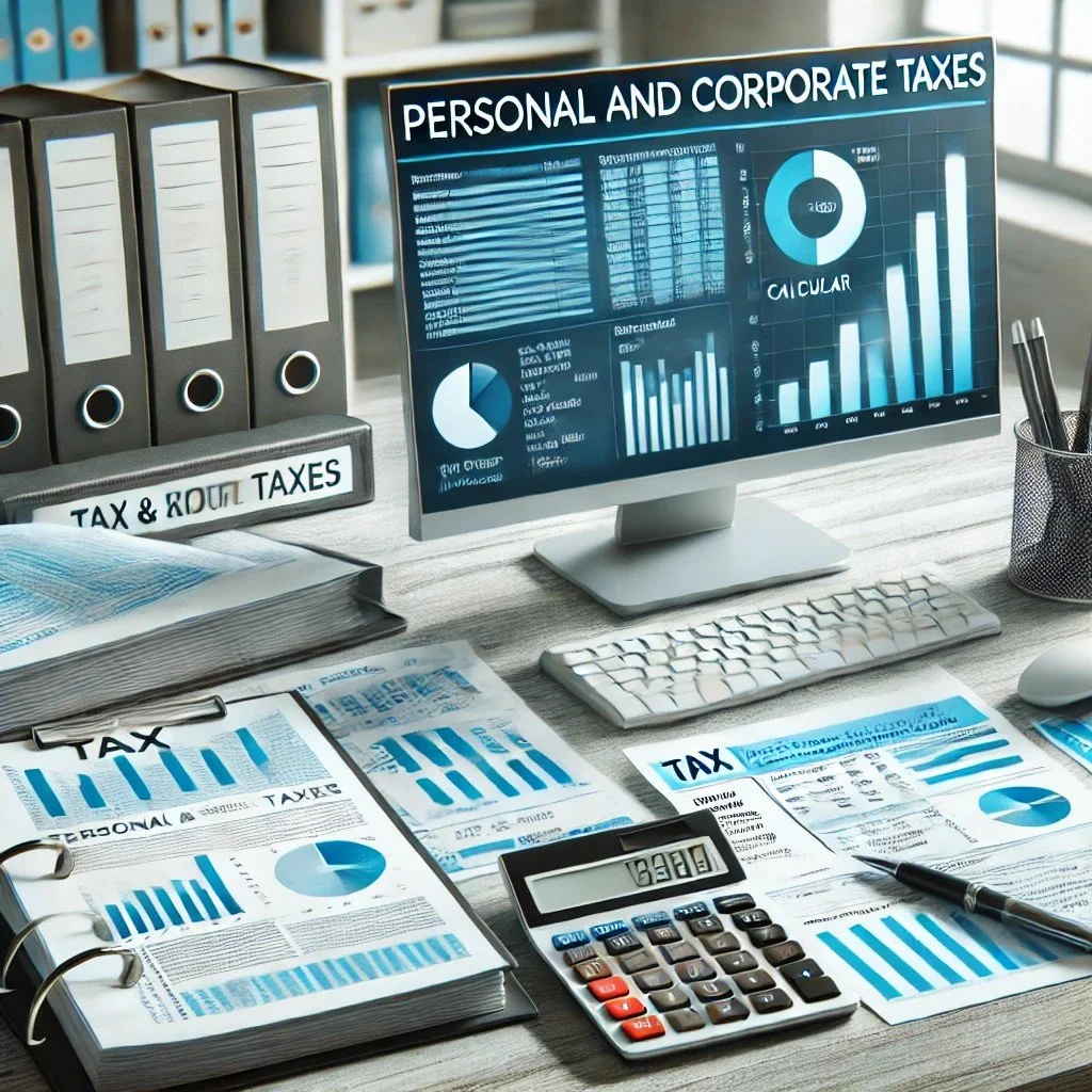 An office desk with tax documents, a calculator, a computer monitor displaying personal and corporate tax charts, binders labeled "Tax & Rout Taxes," and office supplies.