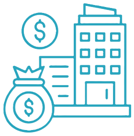 Illustration of a building, a dollar coin, and a money bag, symbolizing finance or banking.