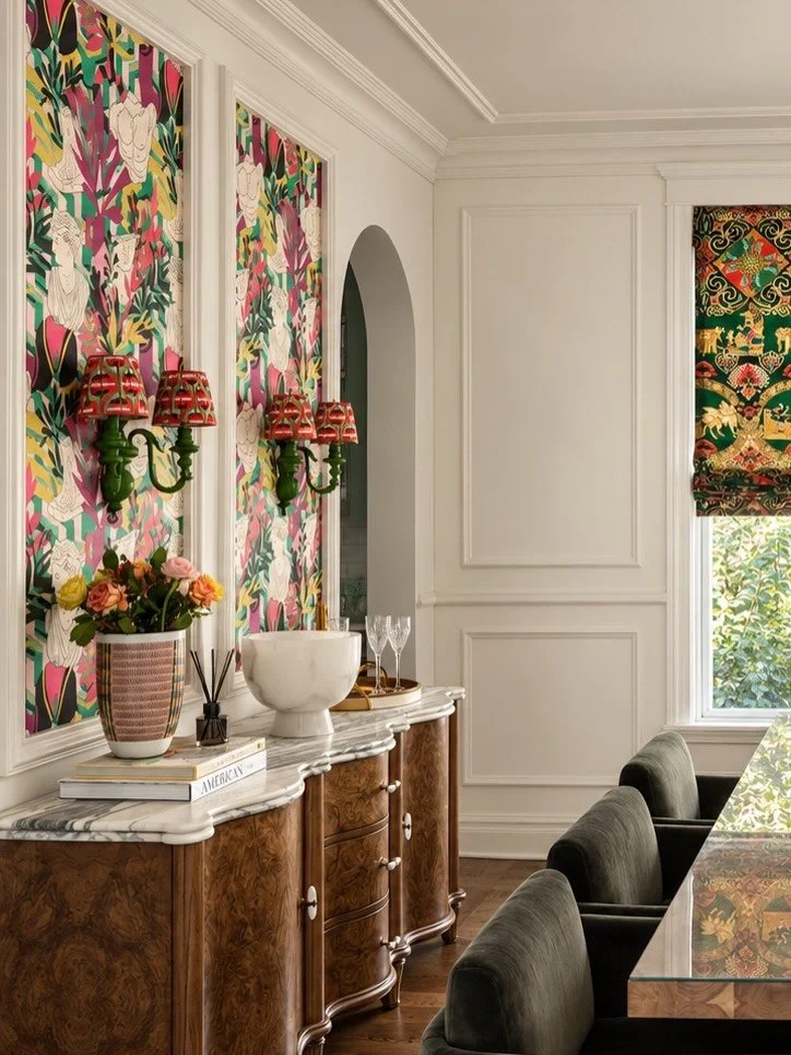 Roman shades. Romans on the shades. Romans on the walls. Actual ancient Romans.

Custom Roman shades made in our Bloom &amp; Co. drapery workroom using MINDTHEGAP Mythology velvet, paired with MINDTHEGAP wallpaper, sconces + shades.