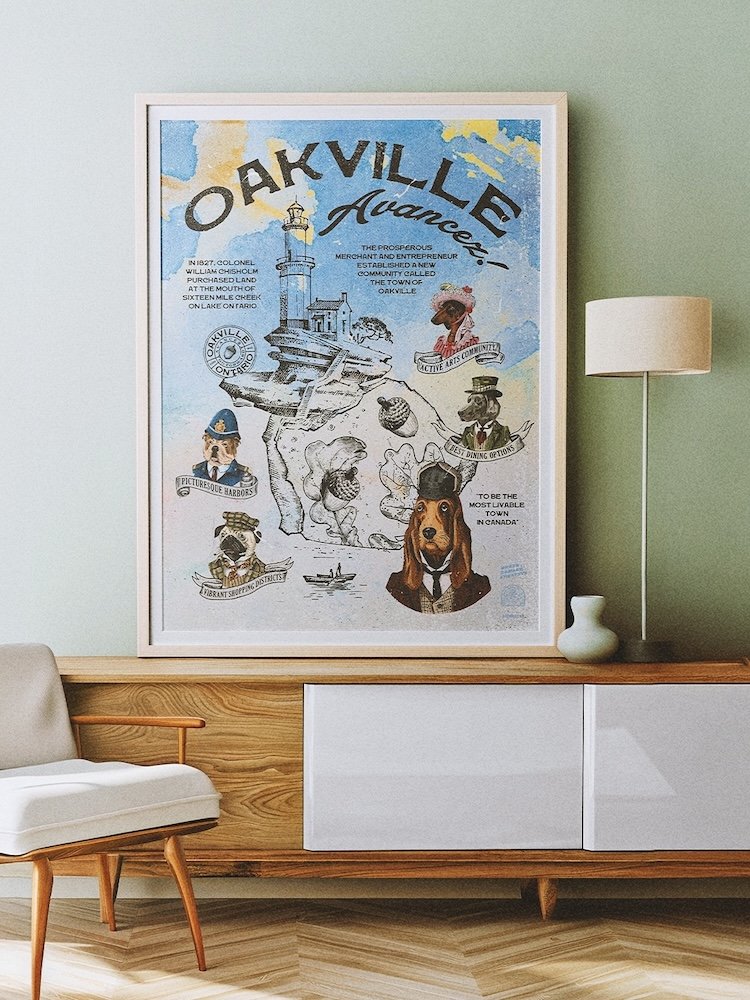 Oakville Lake Ontario Canada heritage history dogs vintage retro illustration lighthouse port toronto Sheridan College go forward avancez logo acorn GTA Halton Region Harbour Parks trails Waterfront