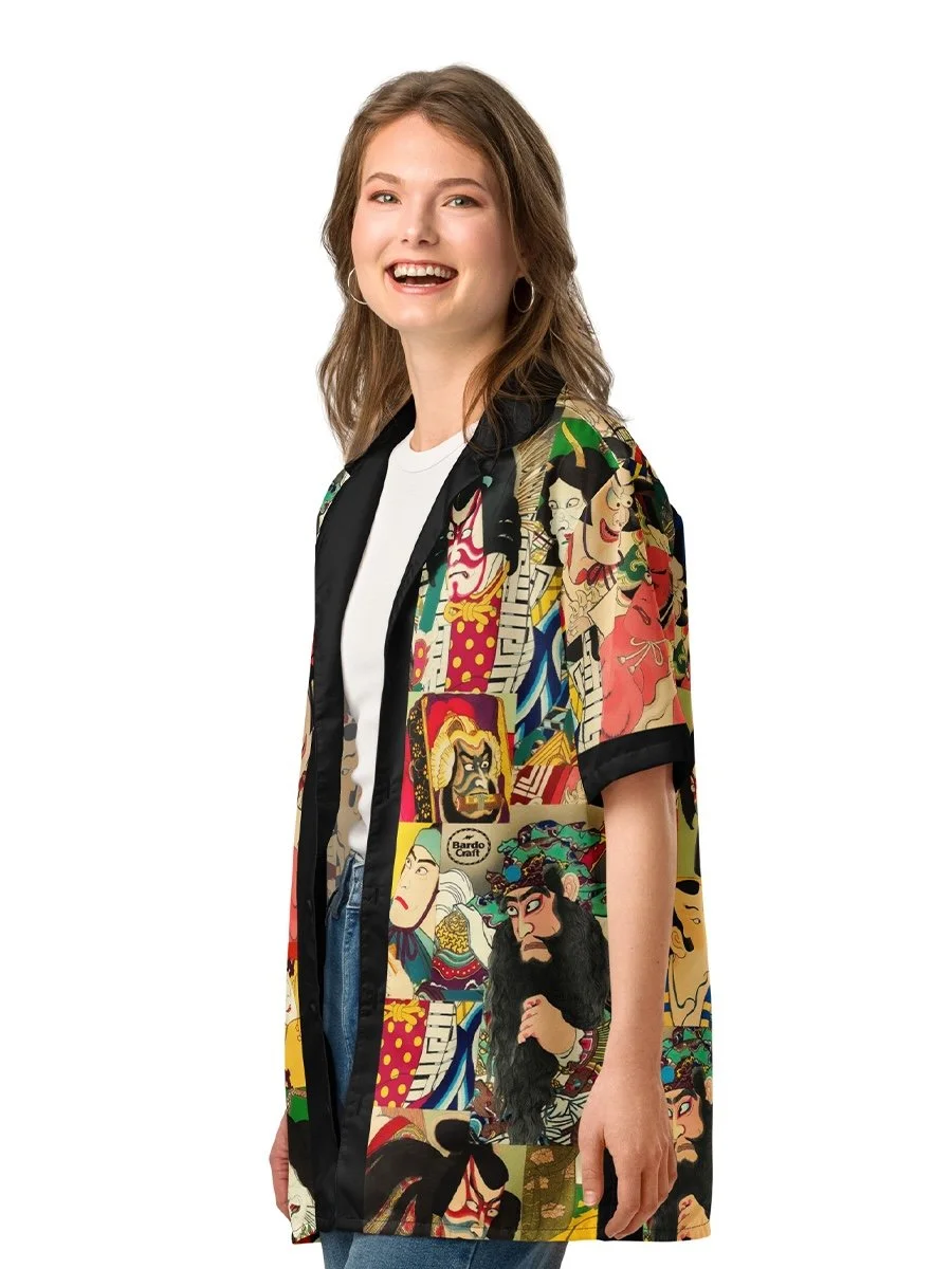 Kabuki shirt Kabuki Juhachiban 歌舞伎十八番 Ukiyo-e shirt Japanese Ukiyo-e woodblock print 浮世絵 Japanese art shirt camp collar shirt kabuki theatre bardo craft bdcmma