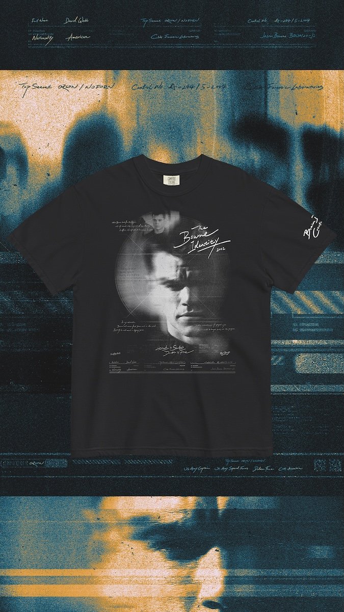 bourne identity 2002 movie t shirt jason bourne matt damon action thriller film apparel graphic tee spy series fan merchandise bourne trilogy collectible clothing movie fan gear