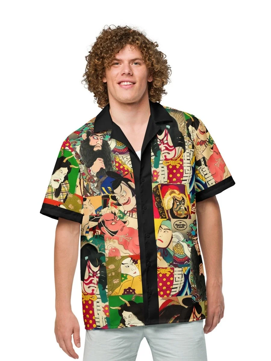Kabuki shirt Kabuki Juhachiban 歌舞伎十八番 Ukiyo-e shirt Japanese Ukiyo-e woodblock print 浮世絵 Japanese art shirt camp collar shirt kabuki theatre bardo craft bdcmma