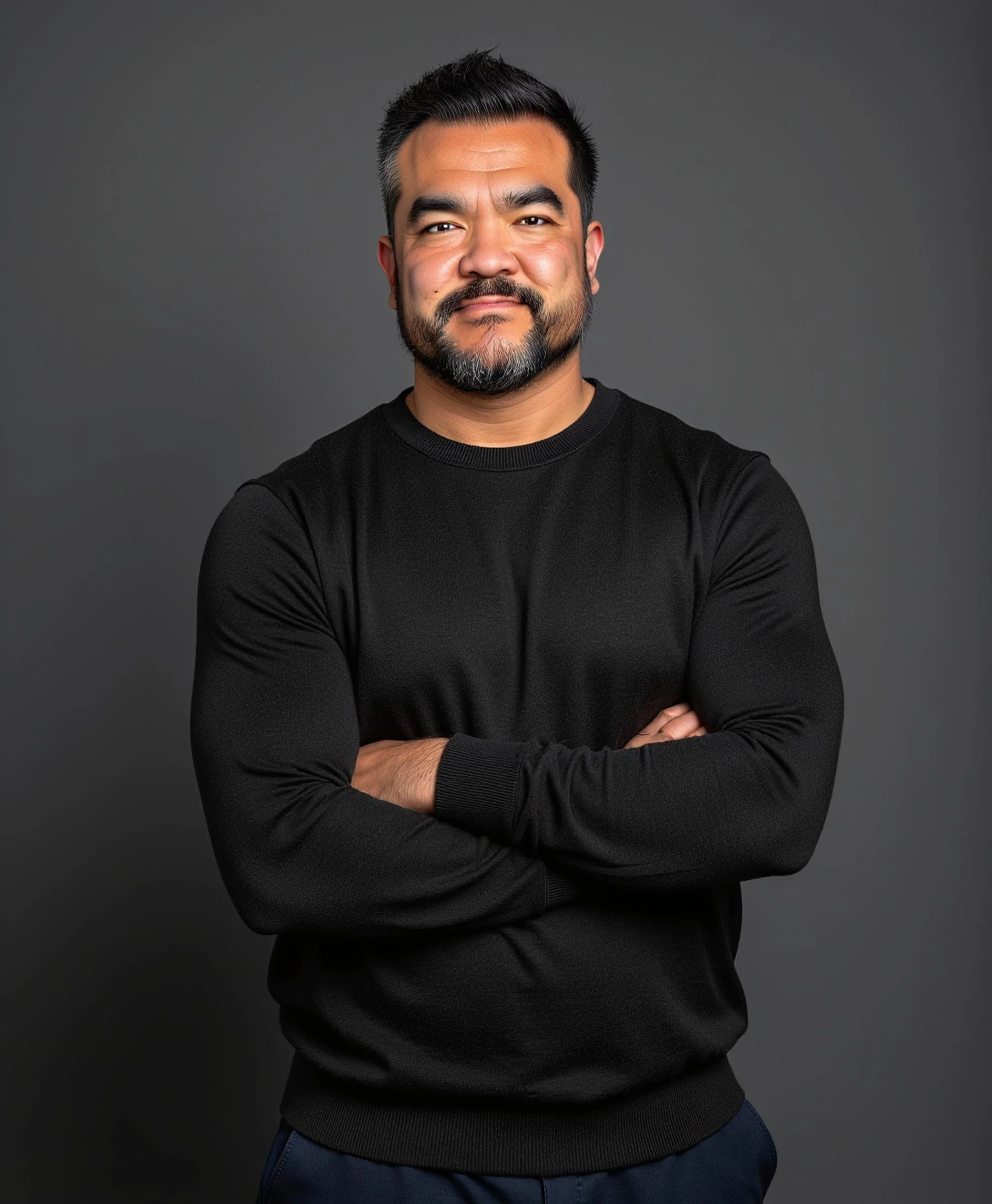 Portrait of a man with dark hair, beard, and mustache, wearing a black long-sleeve shirt, crossing his arms, standing against a dark gray background.