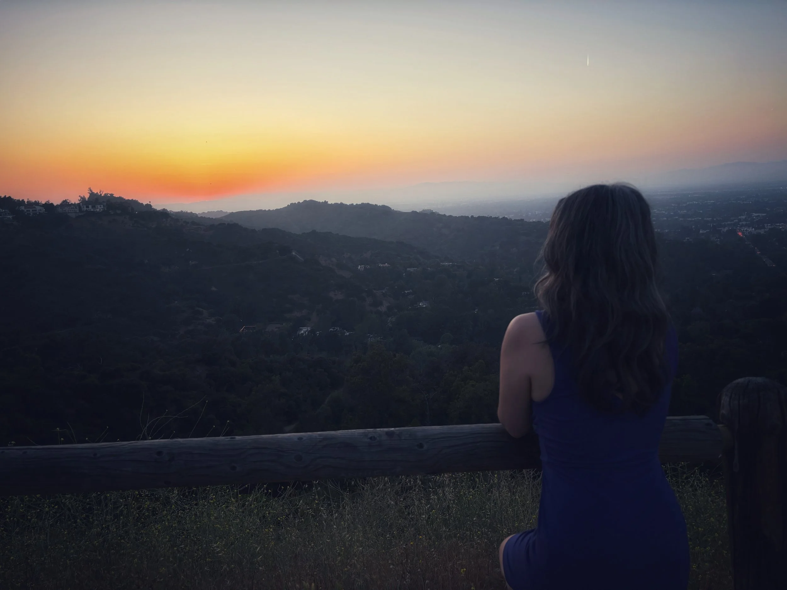 Woman with brown and grey hair wearing sleeveless blue dress leaning against a wood rail and looking out at a valley with trees and buildings at sunset