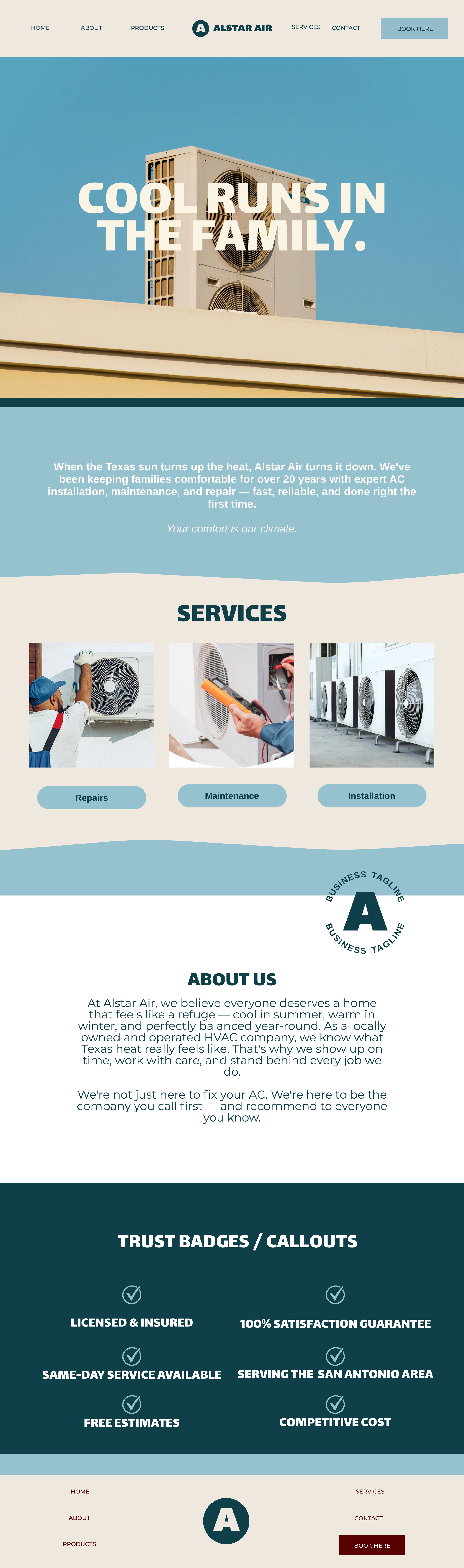 Homepage of Alstar Air website with HVAC services, featuring a large air conditioning unit and the slogan 'Cool Runs in the Family.' The page highlights services such as repairs, maintenance, and installation with images of technicians working on HVAC units, and includes an about section and trust badges.