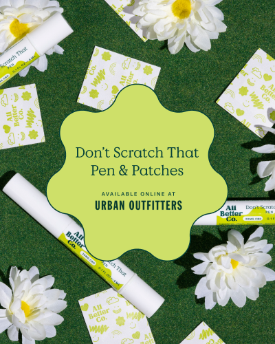 Social graphic with a bloby green shape with the text 'Don't Scratch That Pen & Patches Available Online at Urban Outfitters' laid ontop of an image of All Better Co. products.