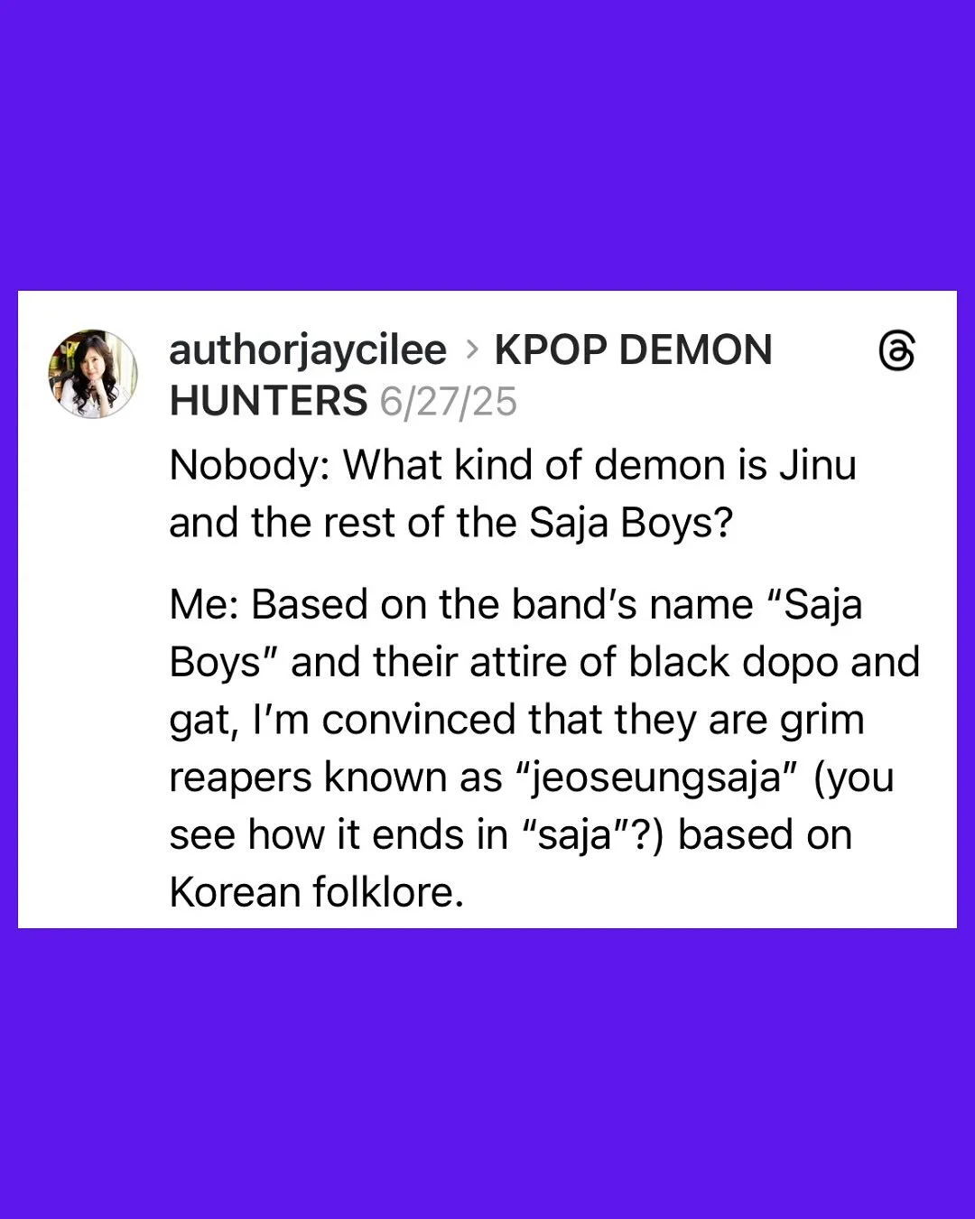 While I was on my book tours, someone in the audience would inevitability mention my semi-viral posts about #kpopdemonhunters on Threads. And more people would later come up to me lamenting the fact that they deleted Threads (totally understandable)
