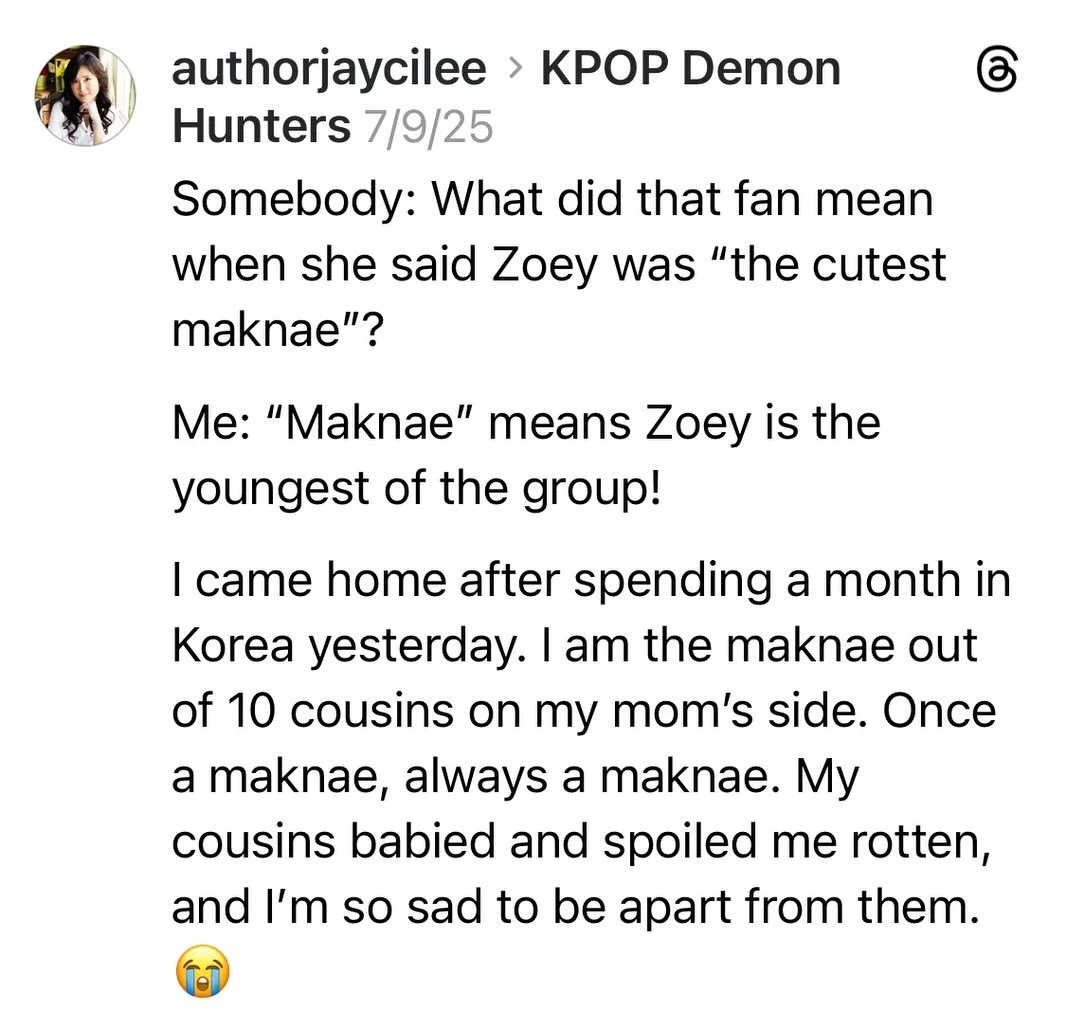 Another random #kpopdemonhunters factoid. 😉

PSA, if you loved KPDH, then you&rsquo;ll love the Realm of Four Kingdoms series, my Korean mythology romantasy! NINE TAILED and KING FORETOLD are out now. LIGHT BURNED, the final book, comes out 4/14!

#