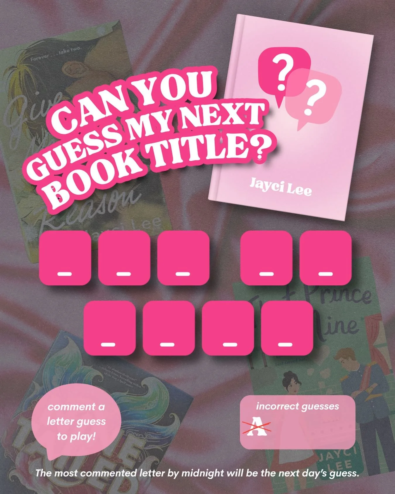 Yesterday &ldquo;A&rdquo; was the most guessed letter, but no dice! Let&rsquo;s try again as we guess the title for my next book 😏

How To Play:
1️⃣ Guess a letter and top guessed letter is revealed tomorrow. 
2️⃣ We keep going until someone guesses