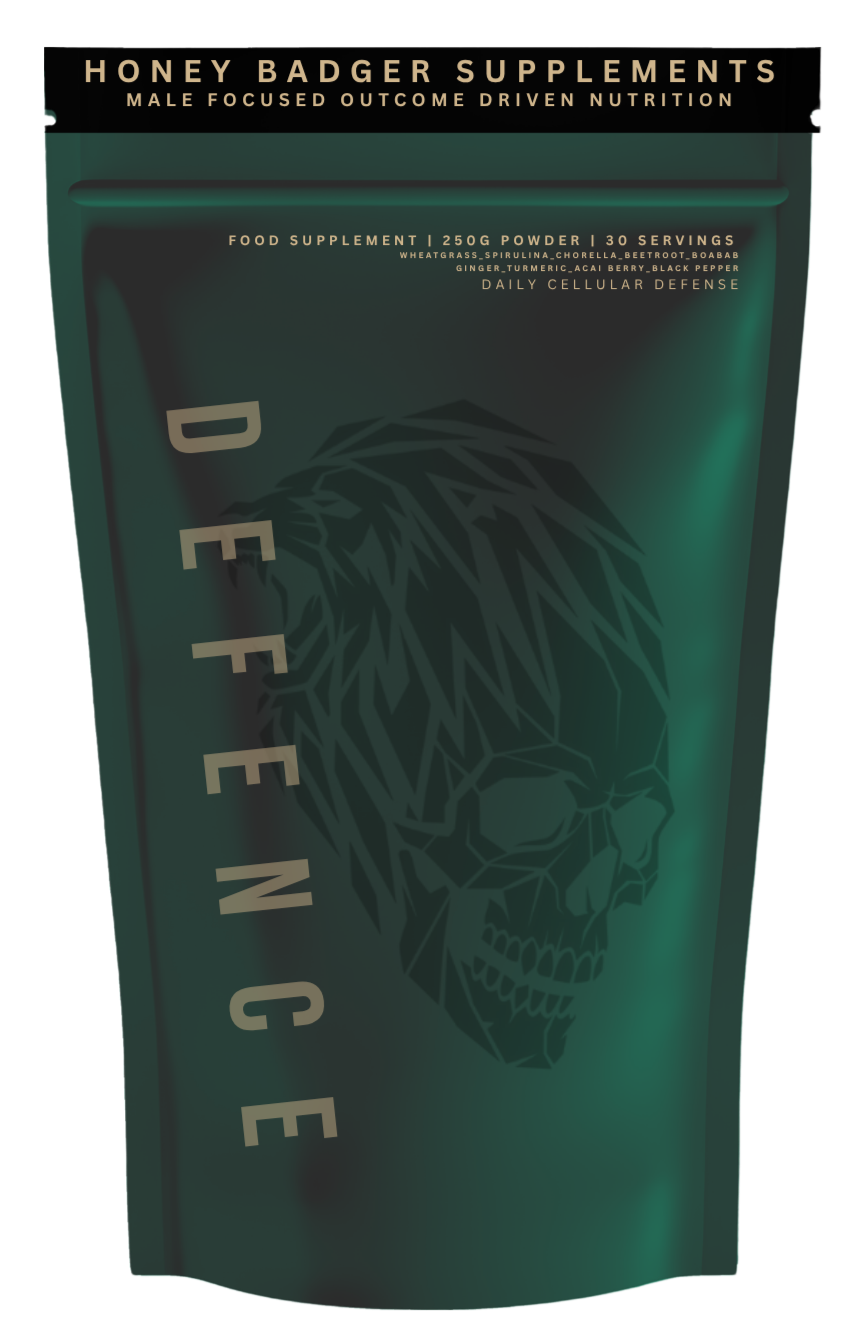 Green herbal supplement package labeled 'Honey Badger Supplements' with a lion graphic and details about ingredients and benefits.