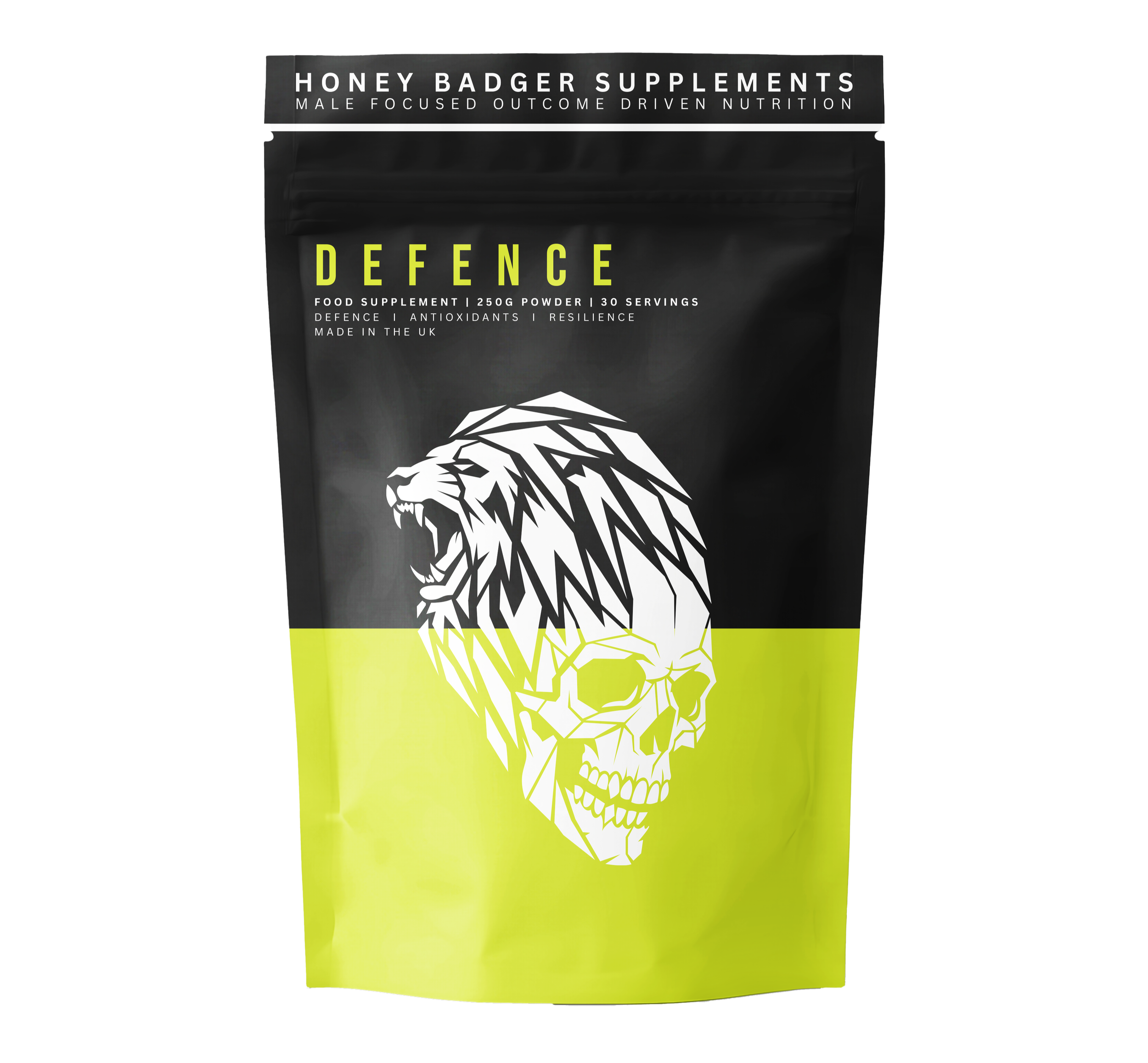 Green bag of Honey Badger Supplements with lion skull graphic, label indicating male-focused nutrition, listing ingredients like wheatgrass, spirulina, chlorella, beetroot, ginger, turmeric, acai berry, and black pepper.