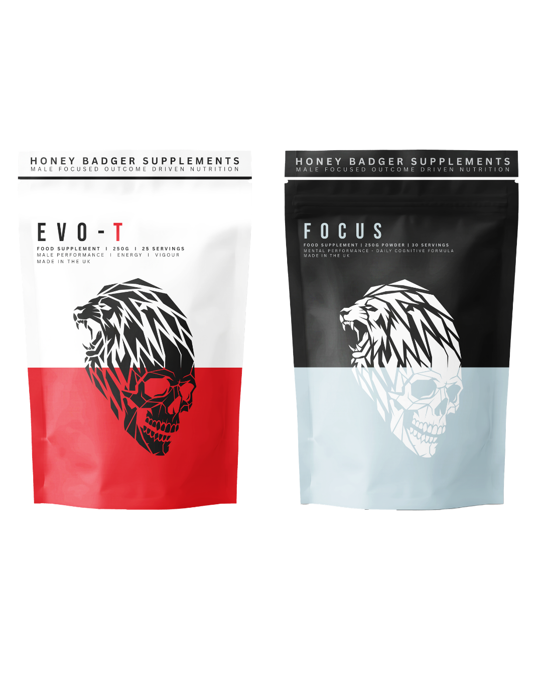 Two black pouches of supplement product called 'HONEY BADGER SUPPLEMENTS,' one for testosterone and one for mental focus. The left pouch is all black with the words 'EVO.T' vertically in white and red, indicating testosterone boost. The right pouch has a black and gray design with a stylized lion skull and mane and the words 'FOCUS' vertically in white.