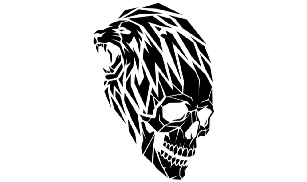 Black and white graphic of a skull with a lion's head emerging from the top.
