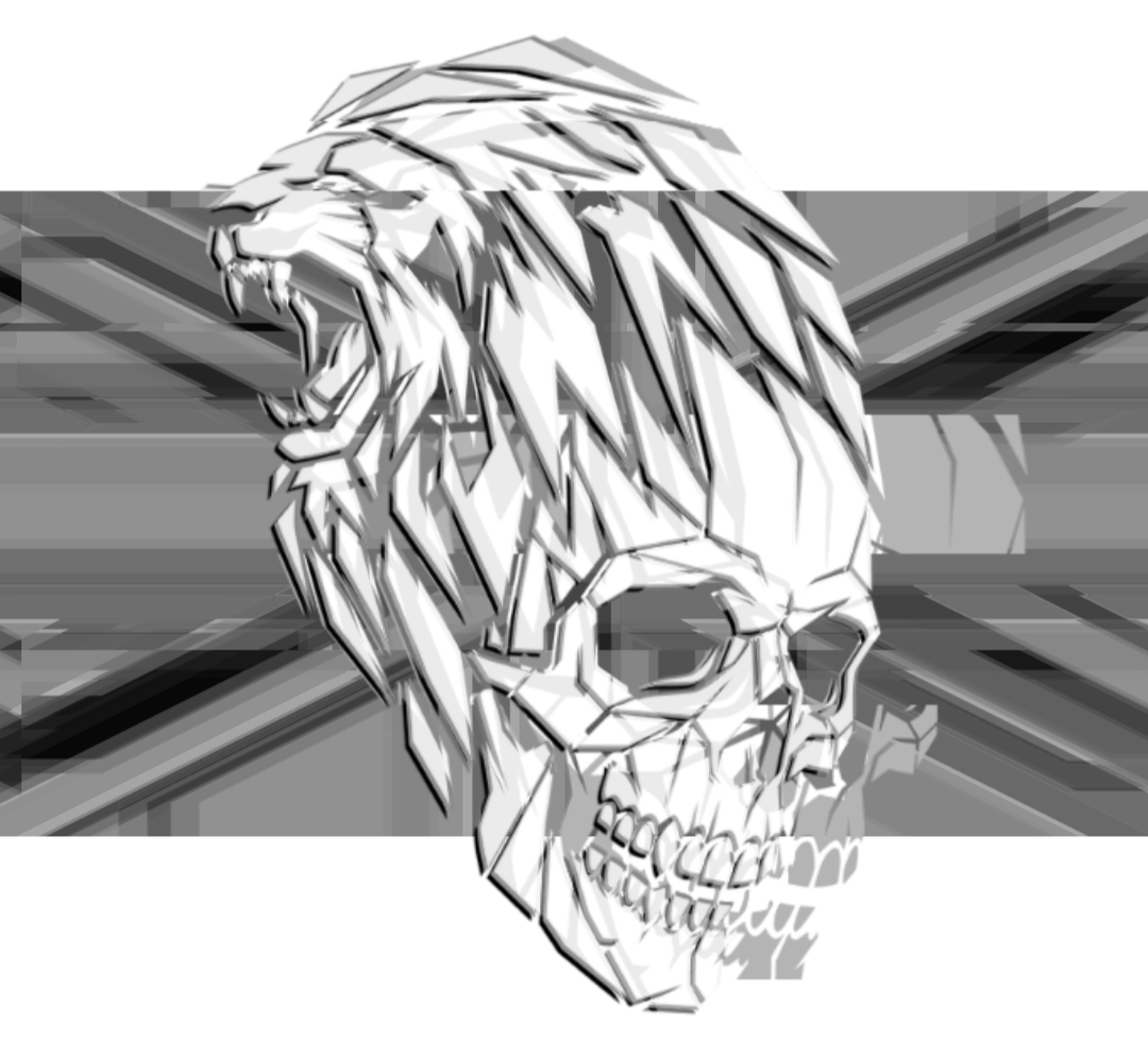 Black and white digital illustration of a menacing lion's head with a skull-like face, stylized with sharp edges and geometric shapes.