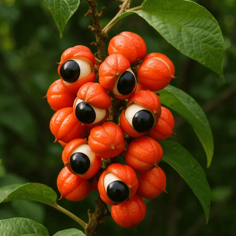 Cluster of red berries with black and white eyes and water droplets on them.