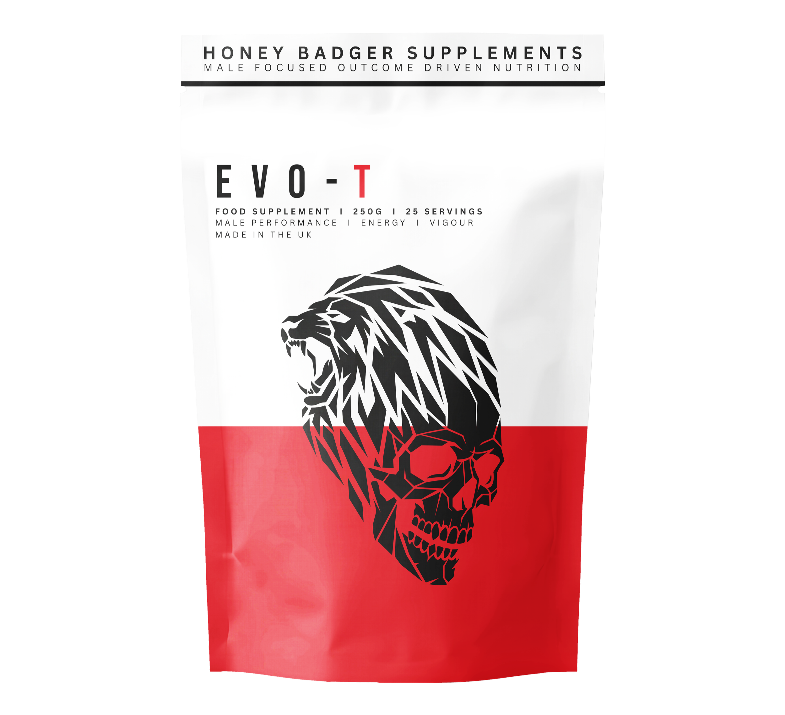 Black pouch of Honey Badger Supplements, outcome-driven testosterone superfood mix with dosage and ingredients, featuring red, white, and black packaging.