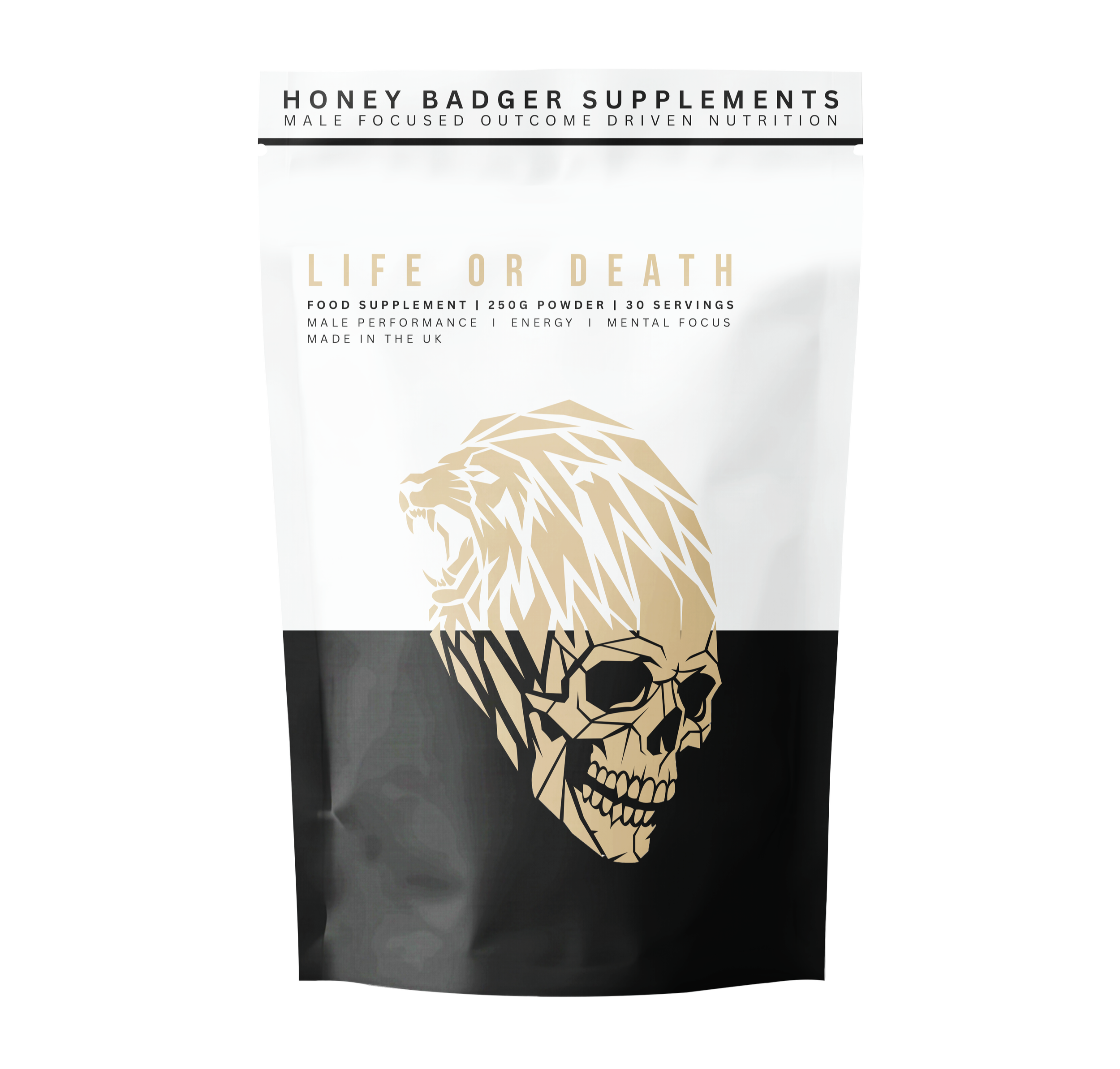 A white pouch of honey badger supplements with a black and white stylized lion skull and mane graphic. Text reads "HONEY BADGER SUPPLEMENTS," "Male focused outcome driven nutrition," and "Support peak male performance."