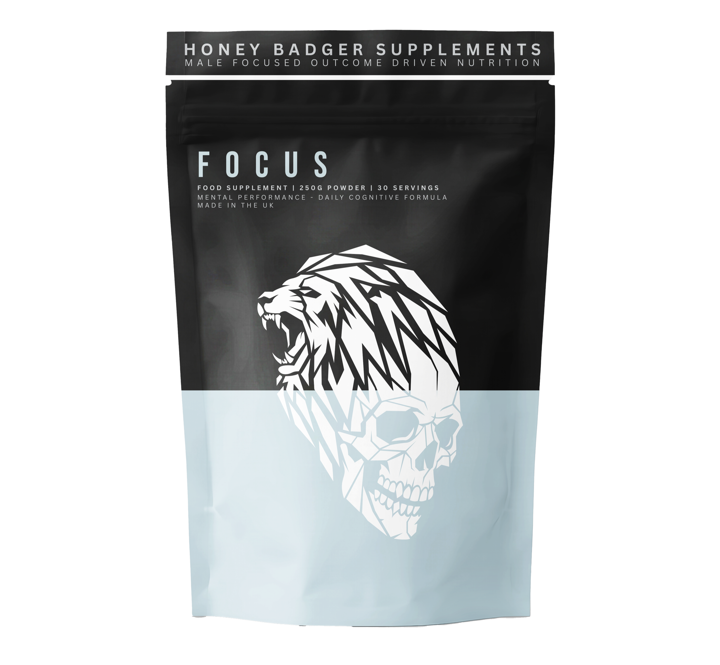 Black packaging pouch with a skull and lion design, labeled 'Honey Badger Supplements,' announcing a mental focus superfood mix and listing ingredients like lion mane and maca root.
