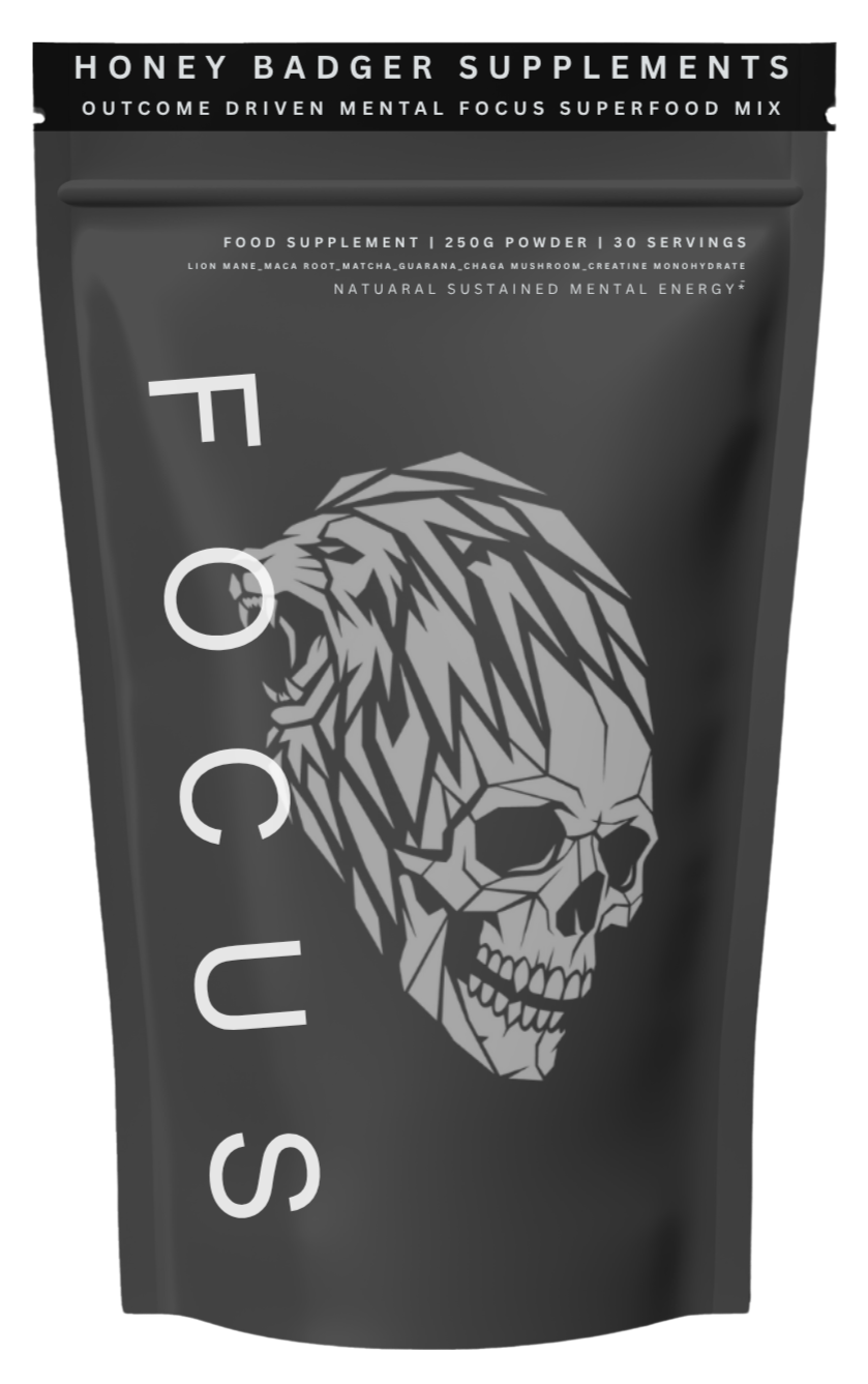 Black package of Honey Badger Supplements with a geometric lion skull logo, indicating it is a mental focus superfood mix with 250 grams, 30 servings, containing natural ingredients like lion mane, maca root, matcha, guarana, chaga mushroom, creatine monohydrate.