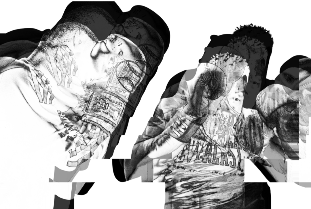A person boxer with boxing gloves in a fighting stance, wearing a shirt with text, in an artistic black and white filter.