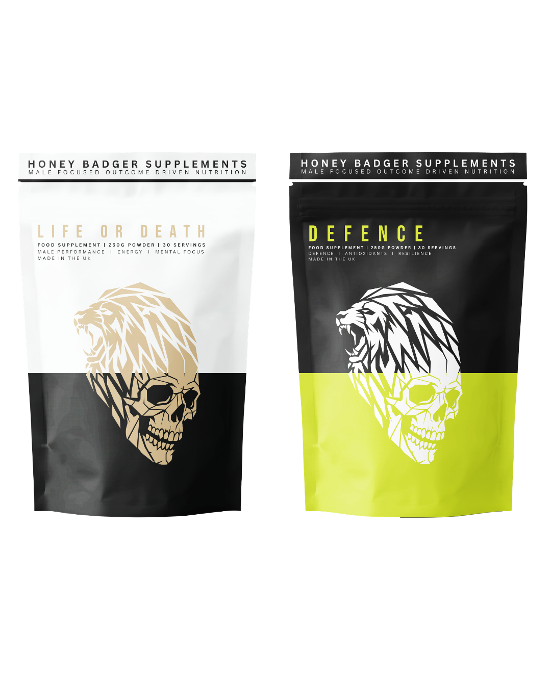 Marketing images of dietary supplements called 'Life or Death Defense' with a black lion skull logo, one in white and the other in dark green packaging.