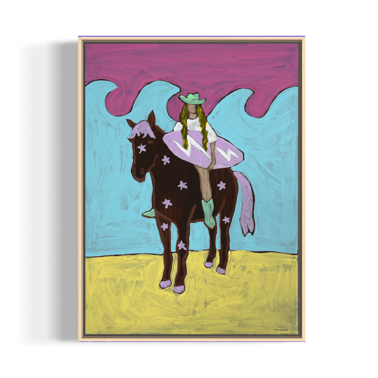 Framed acrylic painting of a cowgirl in a mint green hat and boots riding a star-spotted horse on the beach, holding a lilac lightning bolt surfboard, by Temma Lee