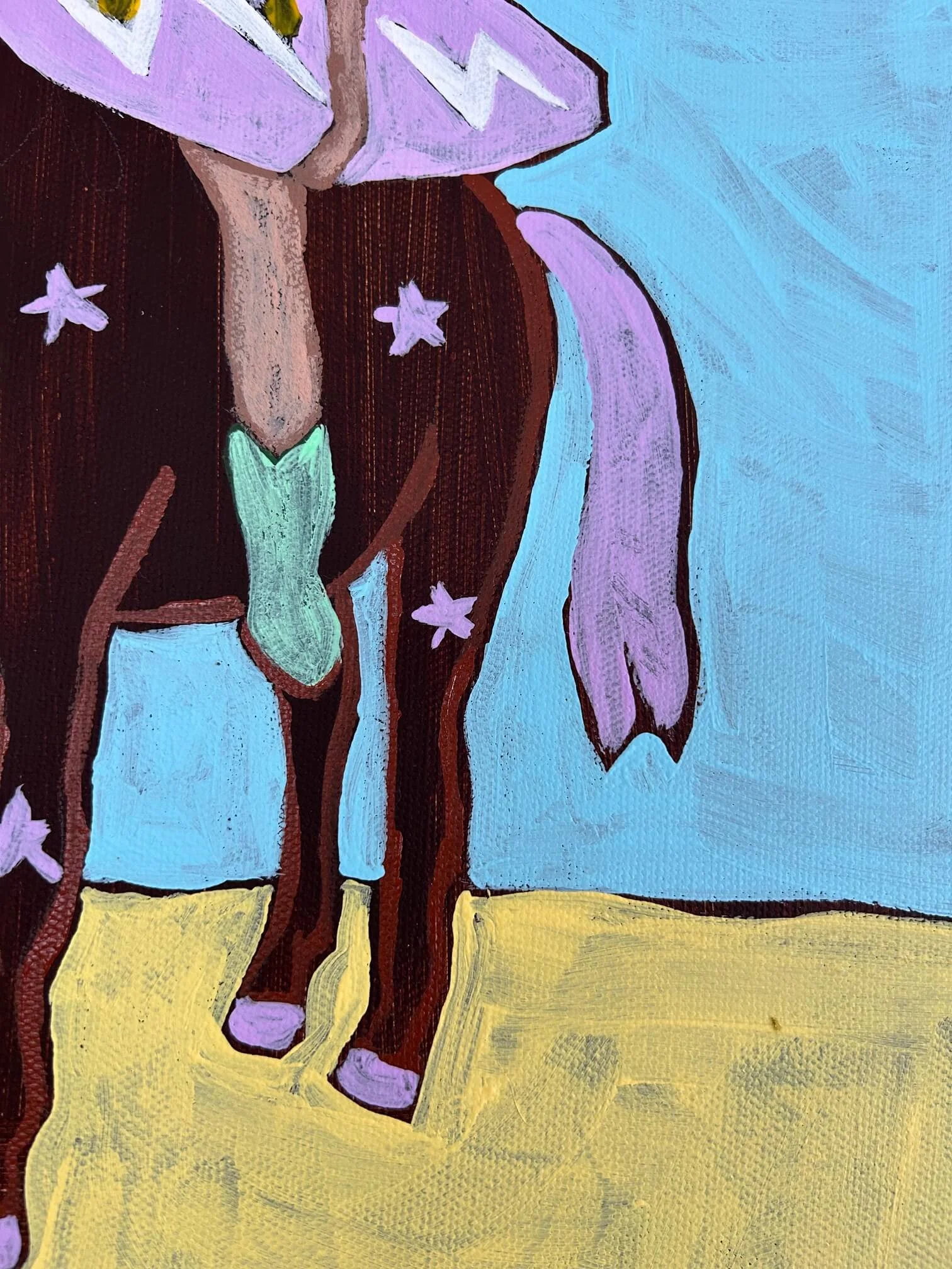 Close-up of the star-spotted horse and brushwork in ‘Lightning Surf Cowgirl’, original acrylic painting by Temma Lee