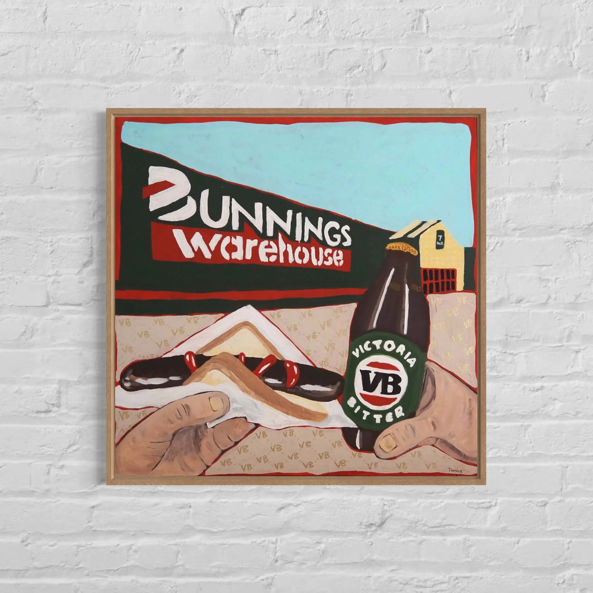 High-quality art print of a cheeky painting featuring a sausage sandwich, Victoria Bitter beer, and greasy tradie hands — perfect for man cave or home bar décor