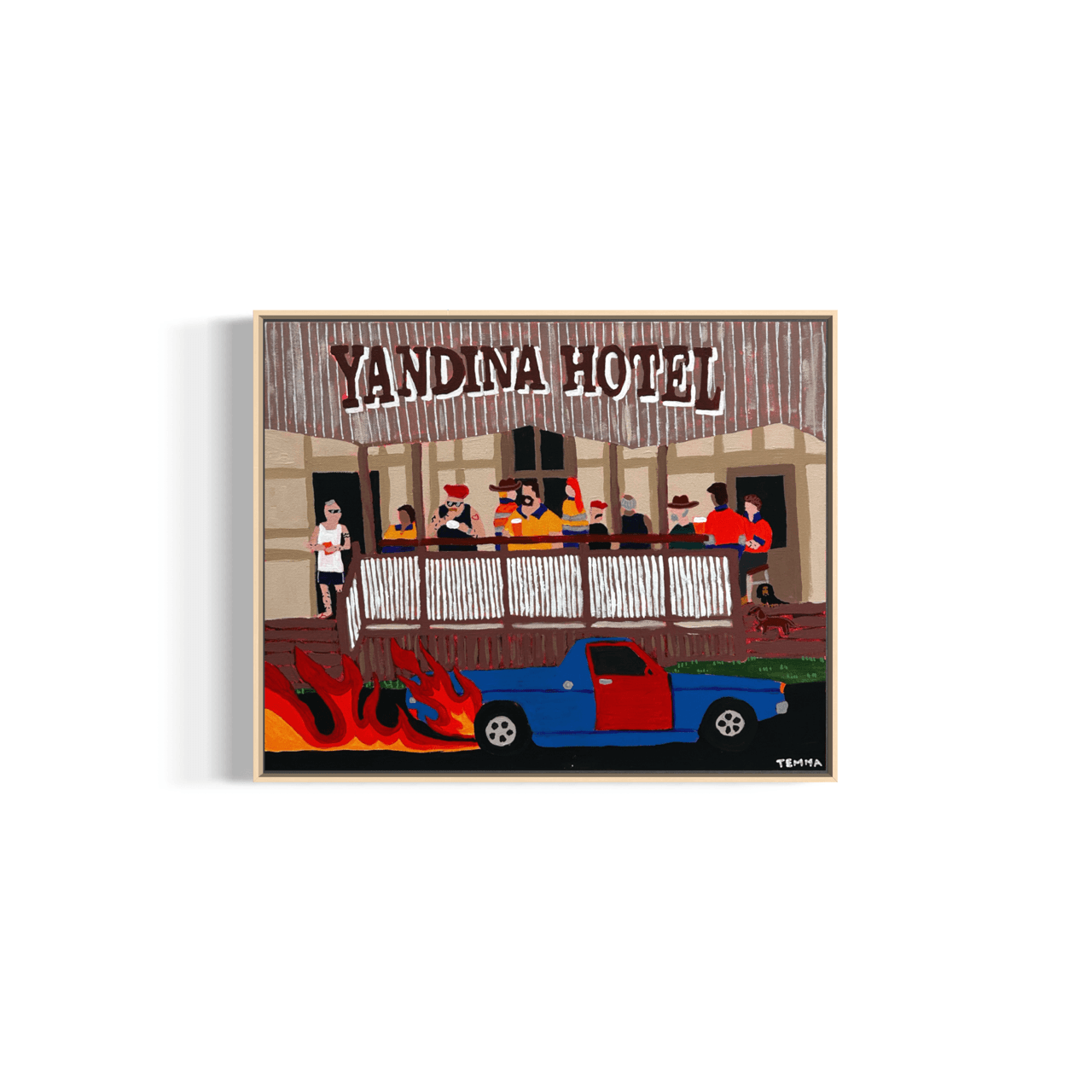Painting of the Yandina Hotel verandah crowded with tradies and farmers in fluro yellow and orange, by Very Sketchy Temma