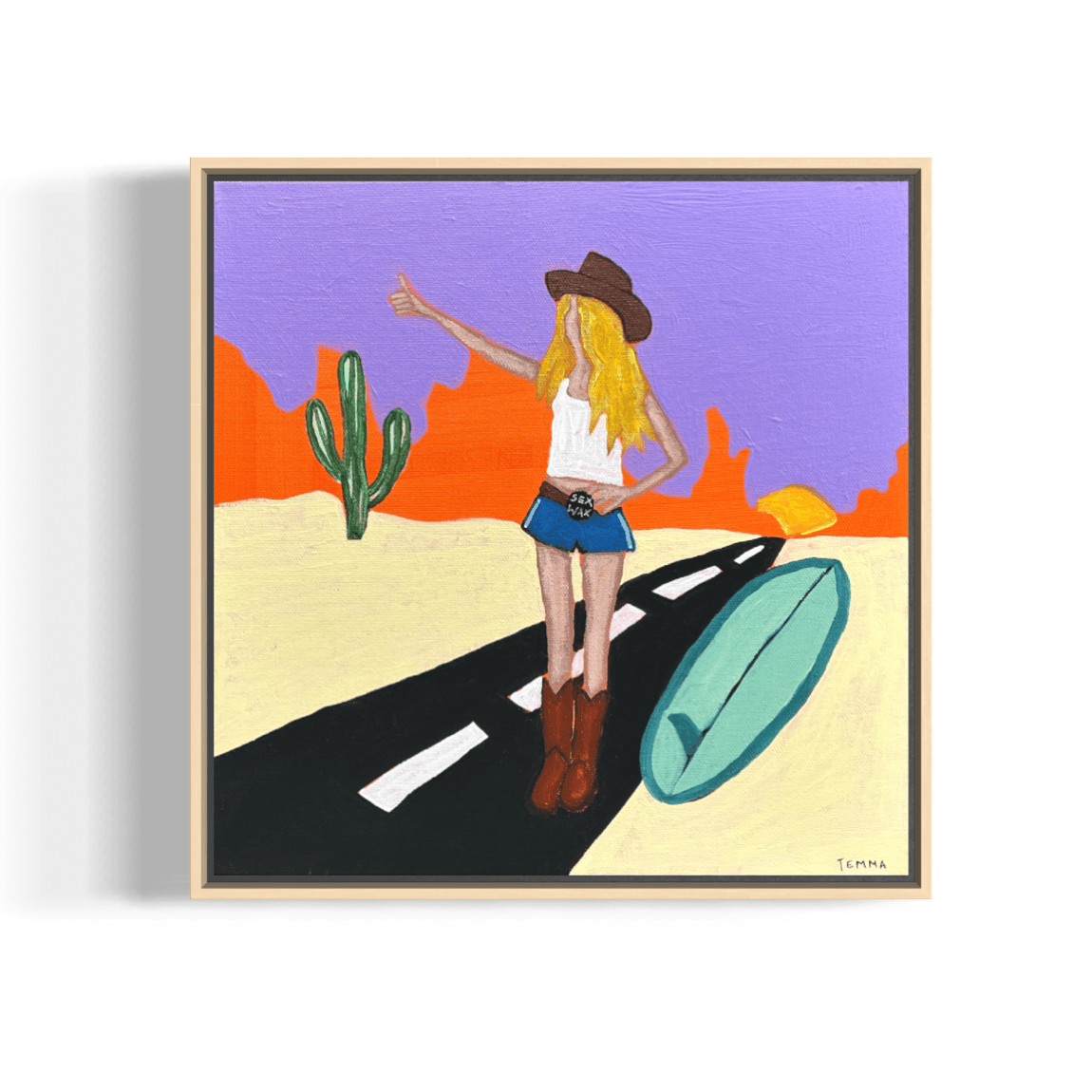 Framed acrylic painting of a cowgirl in a brown hat and boots hitchhiking on a desert road at sunset, with a teal surfboard beside her, by Temma Lee