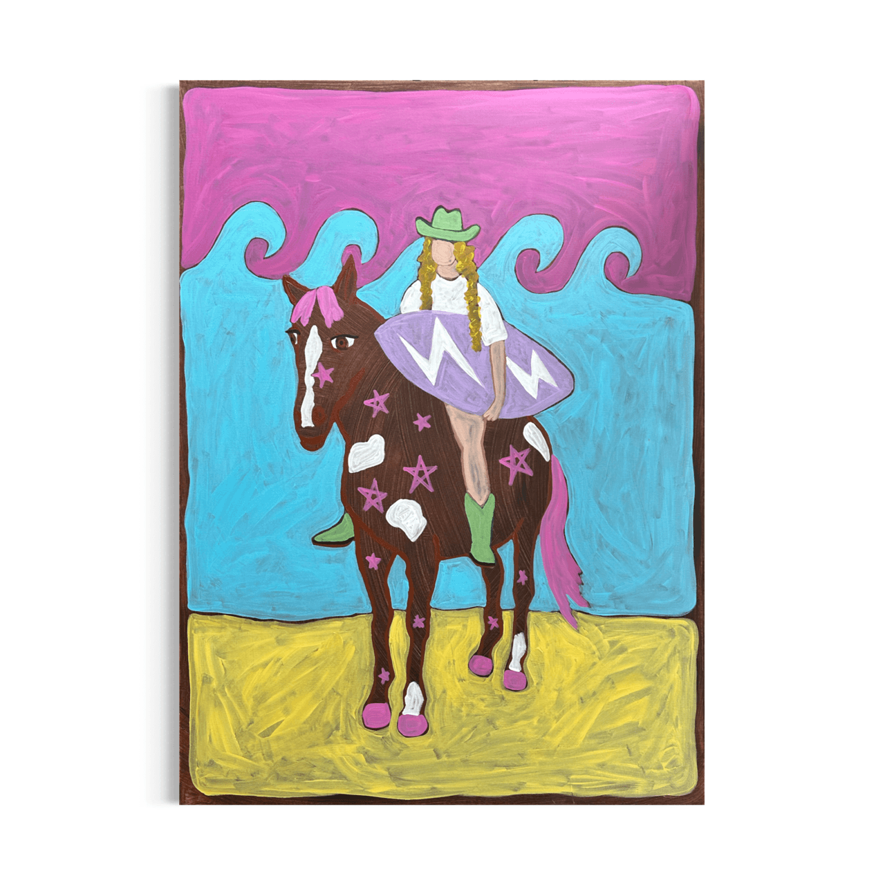 Large frameless acrylic painting of a cowgirl in a mint green hat and boots riding a star-spotted horse on the beach, holding a lilac lightning bolt surfboard, by Temma Lee