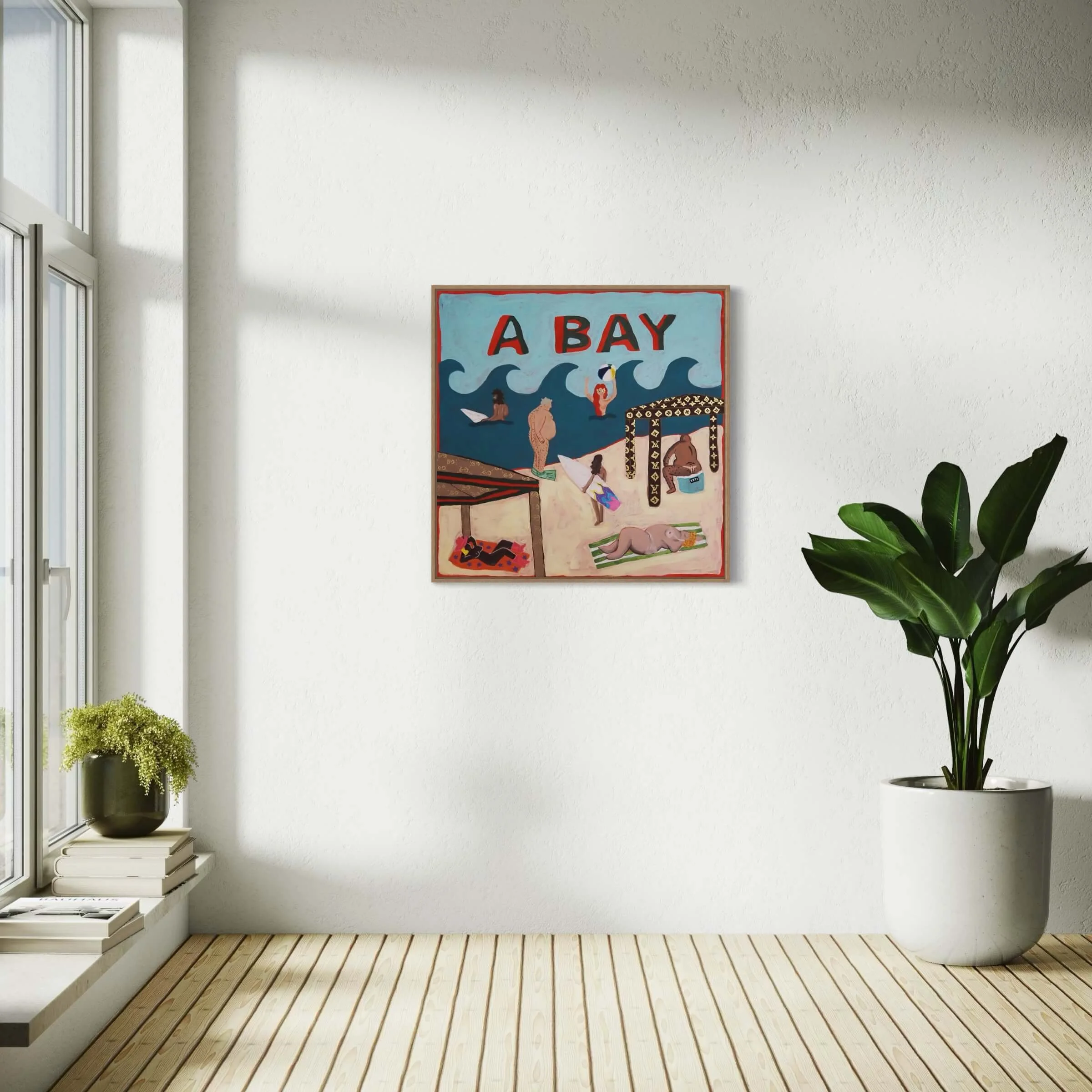 A Bay Noosa art print showing surfers at a nudist beach