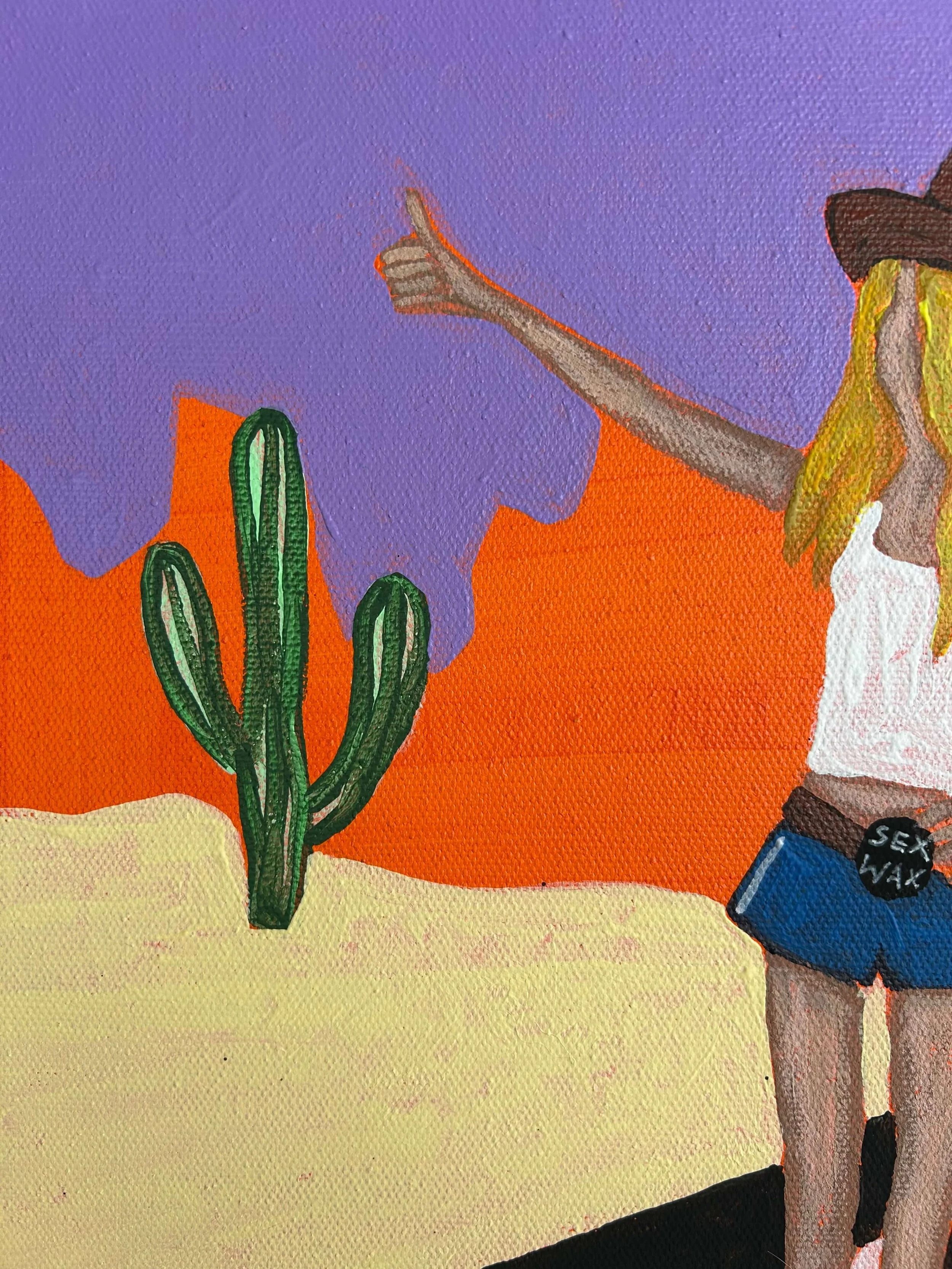 Close-up of the cowgirl’s Sex Wax belt buckle and boots in ‘Sex Wax Hitchhiker’, acrylic on canvas