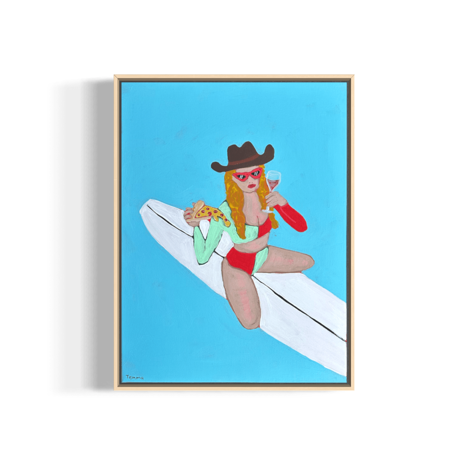 Framed acrylic painting of a cowgirl in a brown hat and red sunglasses sitting on a white surfboard, holding a slice of pizza and a glass of red wine, on a bright blue background, by Temma Lee
